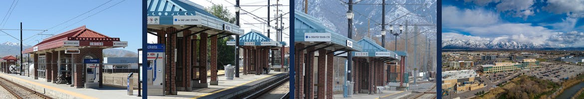 Photos of Utah Transit Authority Stations in Midvale and a shot of Midvale City Bingham Junction 