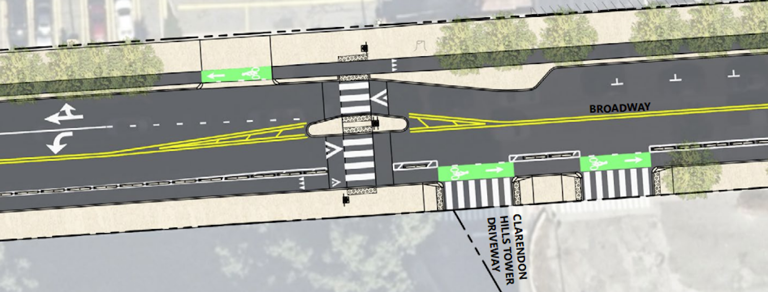 Option 1 includes a shorter crossing and a large concrete island in the middle of the two vehicles lanes to provide waiting space after crossing one lane.