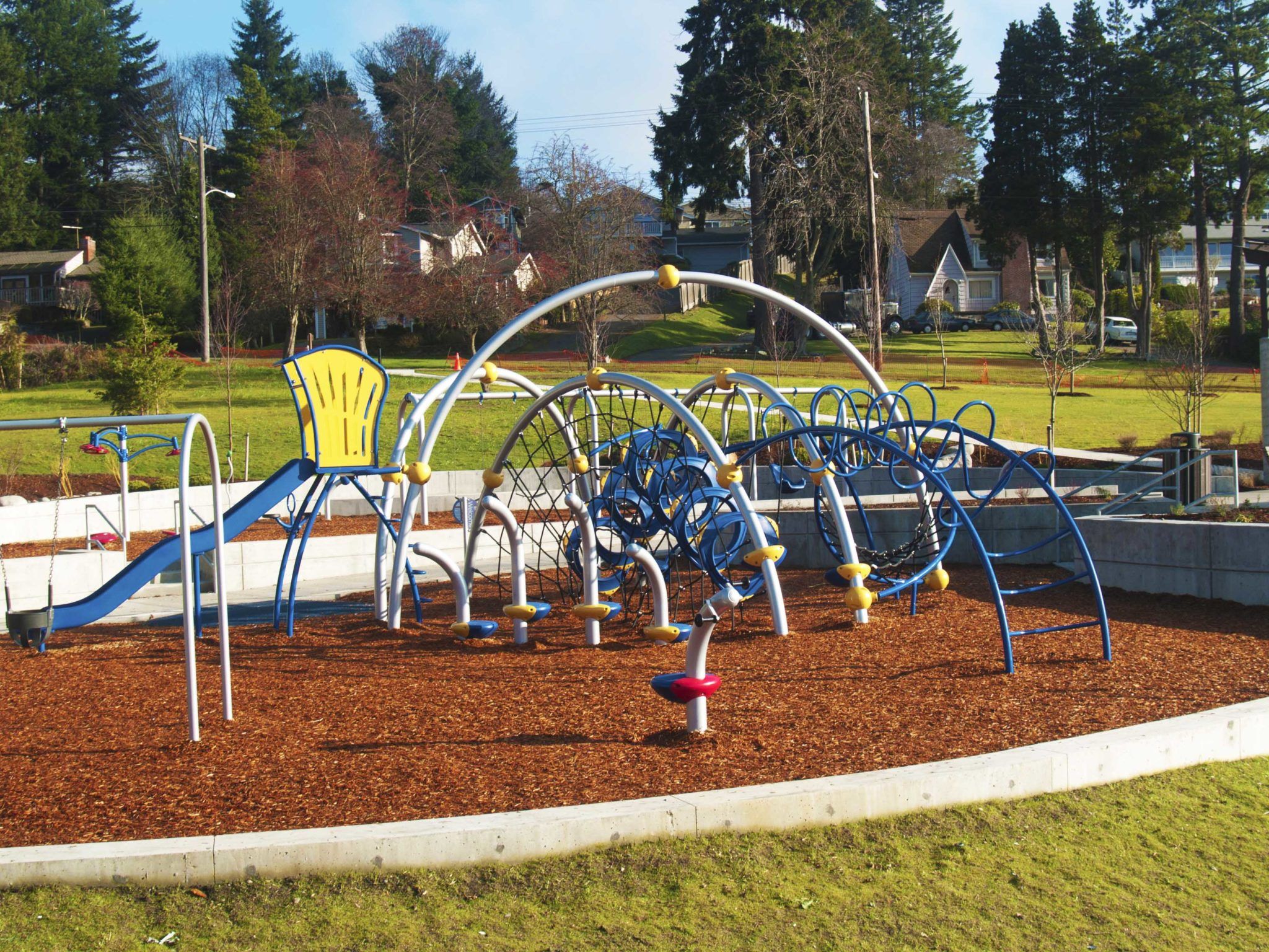 modern playground features like agility course, freestanding climbers, and independent challenges