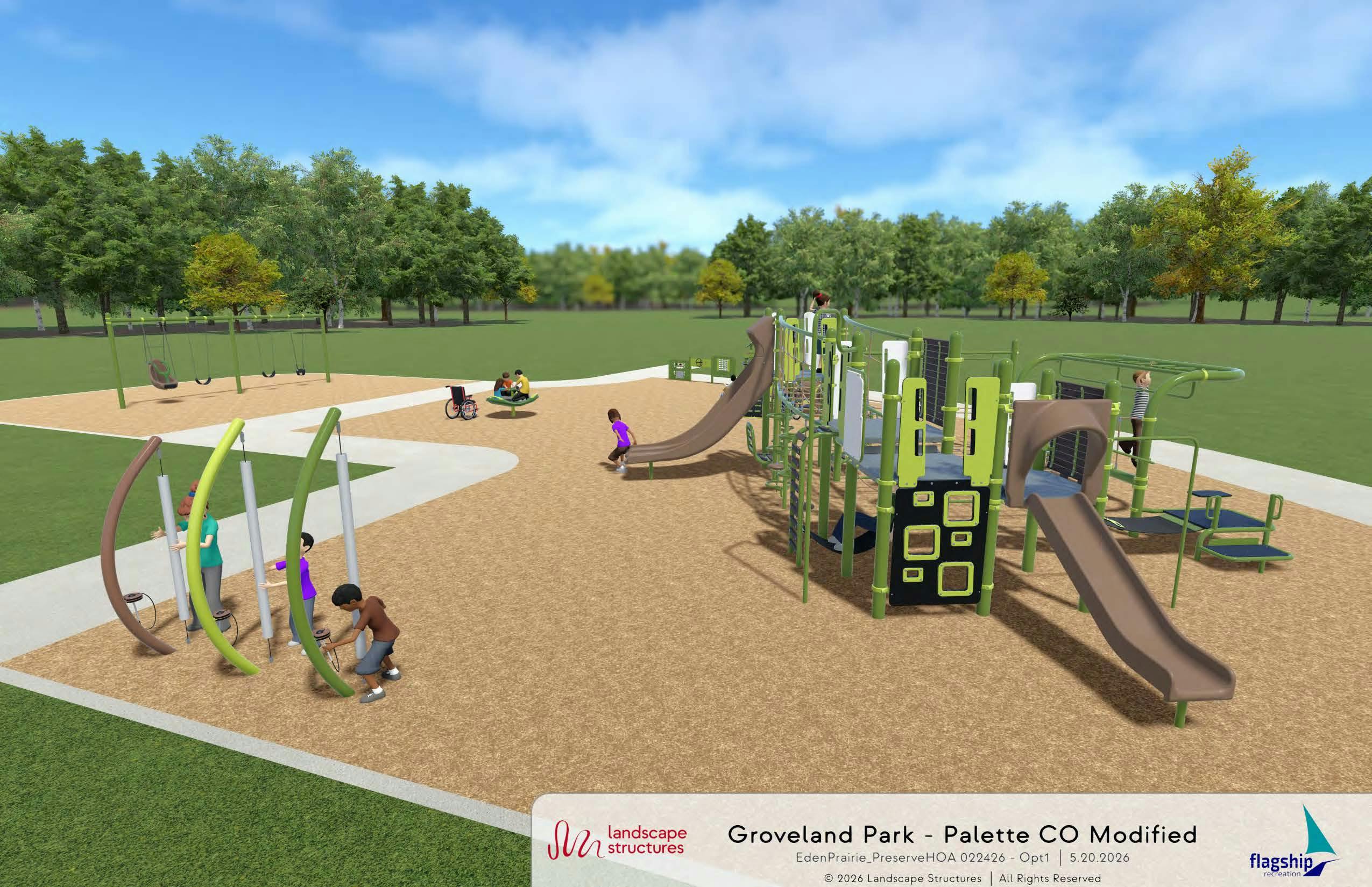 Rendering of a playground with slides, climbing structures, swings, and interactive panels, set in a grassy park with trees and connected by paved paths.