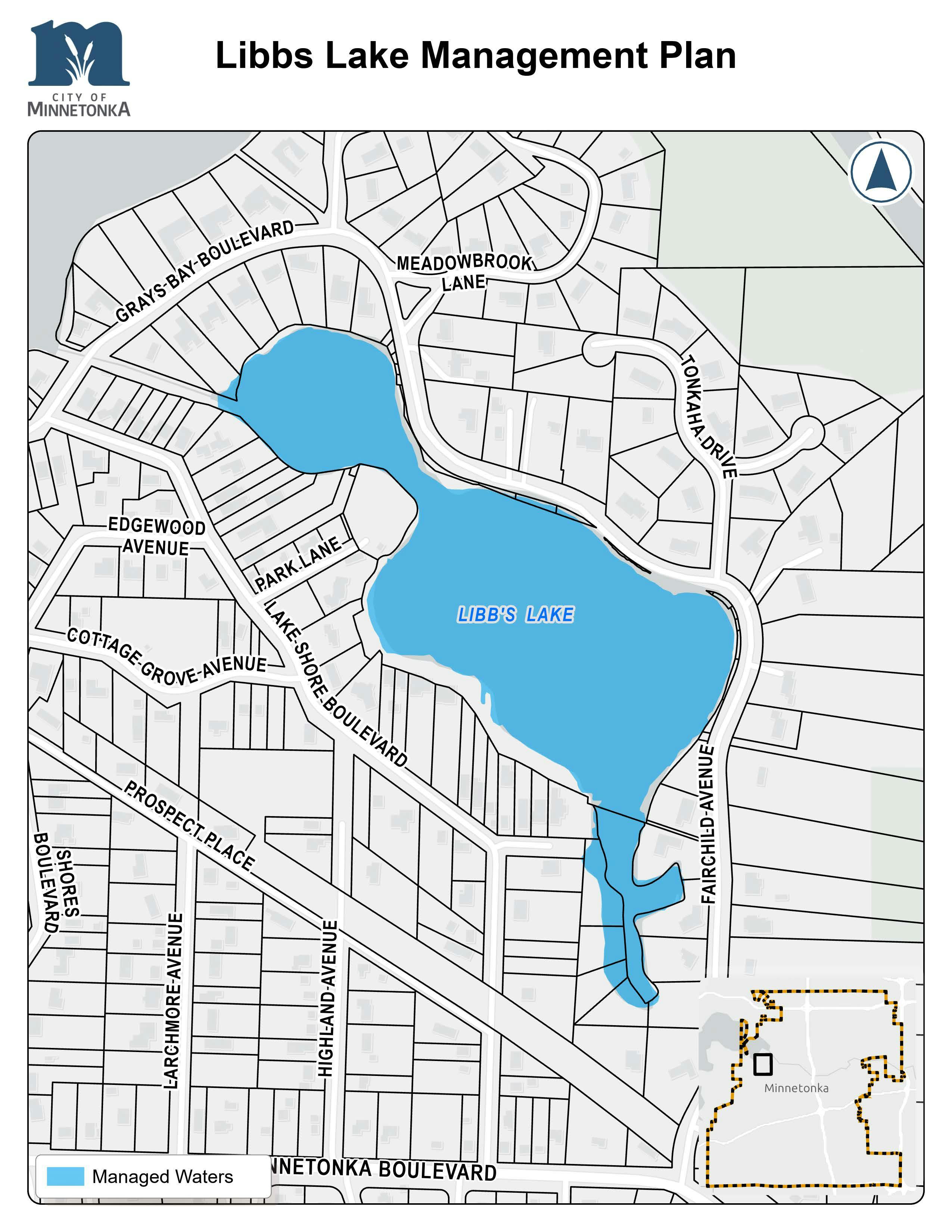 A map showing Libbs Lake in Minnetonka highlighted in blue, surrounded by labeled neighborhood streets including Grays Bay Boulevard, Park Lane, Lake Shore Boulevard, and Minnetonka Boulevard. An inset map shows the lake’s location within the city.