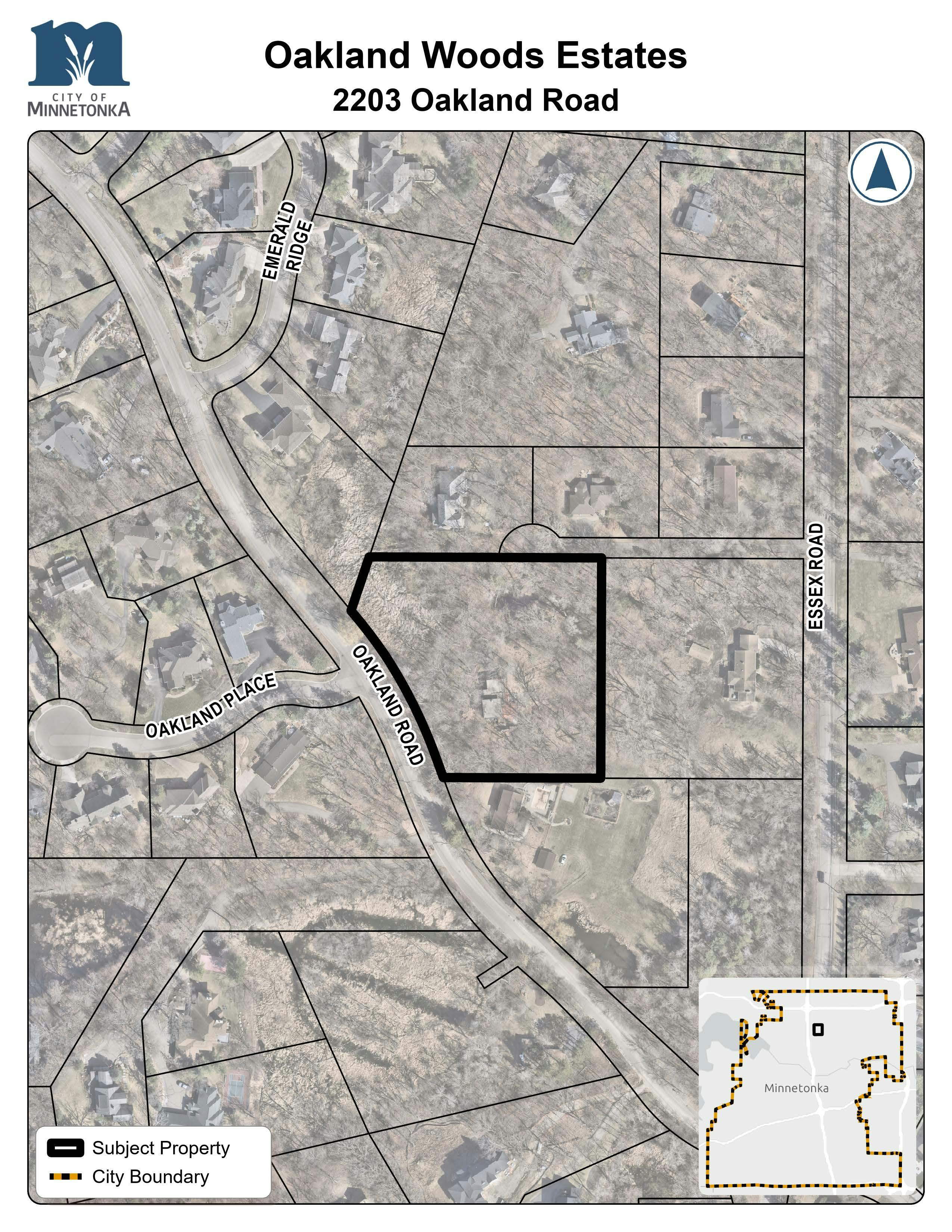 A map showing the subject property outlined in black at 2203 Oakland Road in Minnetonka. The property sits along Oakland Road, near Oakland Place, Emerald Ridge, and Essex Road. A small inset map shows its location within the city boundary.