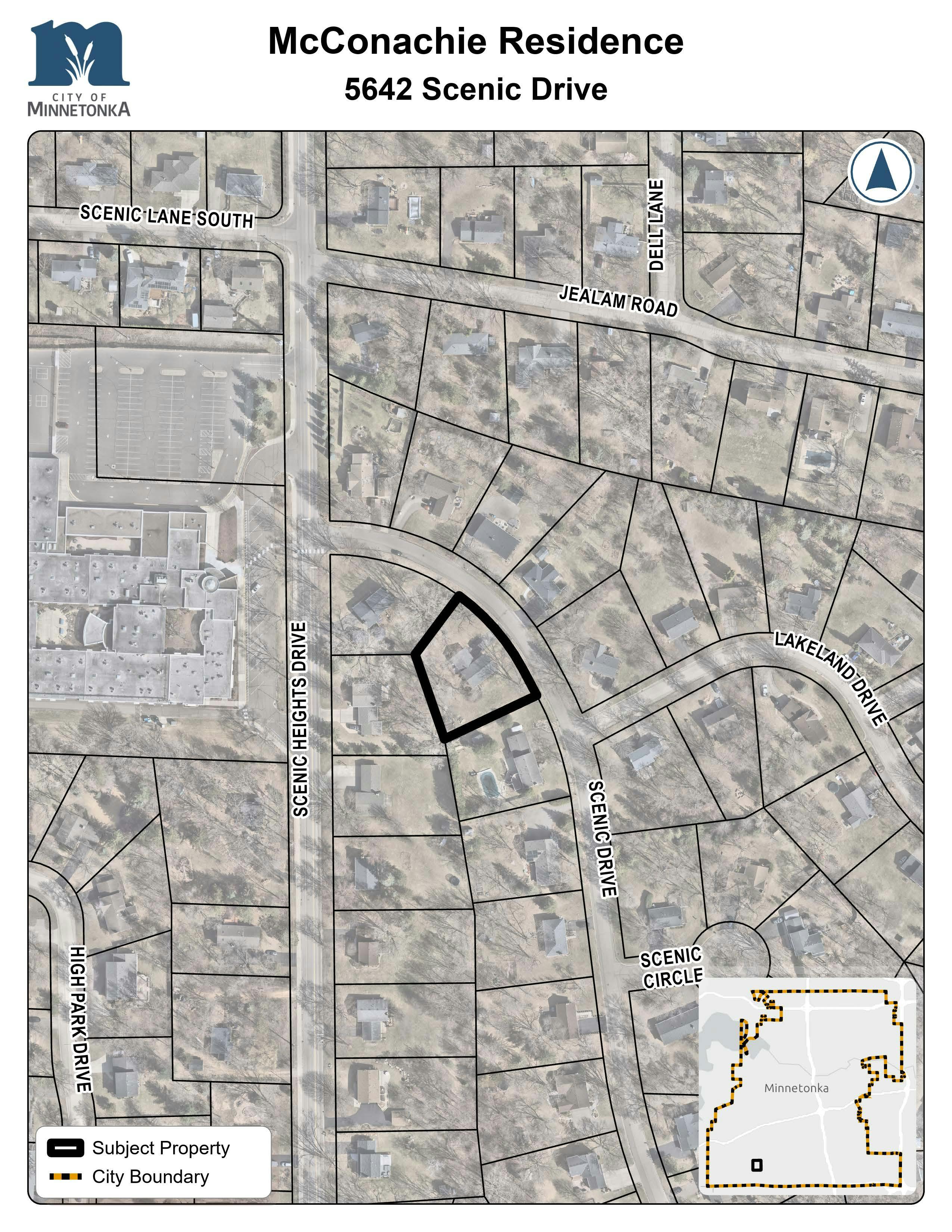 A map showing the subject property outlined in black near Scenic Heights Drive and Scenic Drive, within a residential neighborhood.