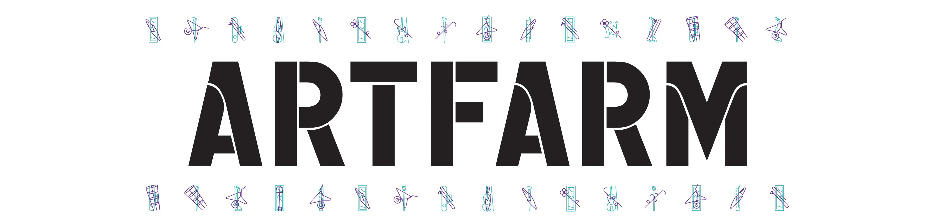 The word "ArtFarm" with two rows of arts and farming-related icons above and below the logo.