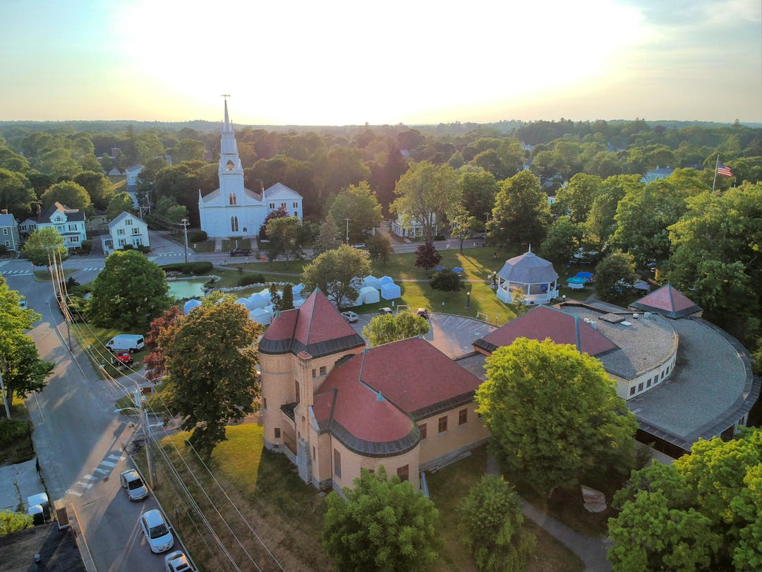 Aerial view of the Kennebec River and the Bath waterfront