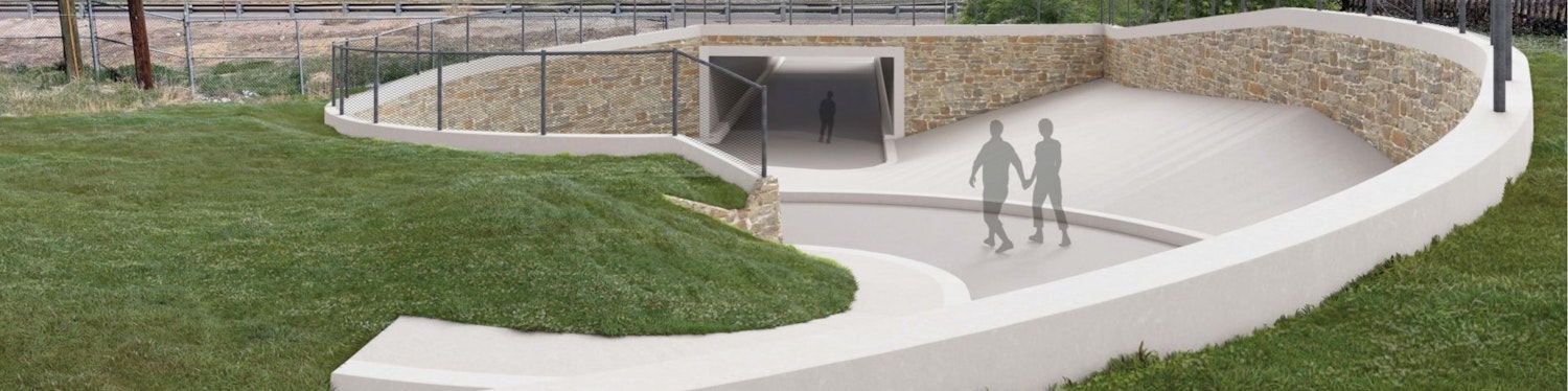Rendering that shows green grass, two people holding hands on a winding concrete path, and a wide tunnel under U.S. 34.