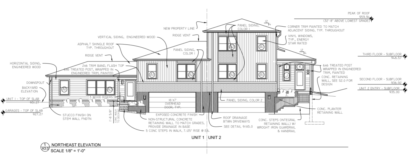A sketch of the exterior of a twinhome building