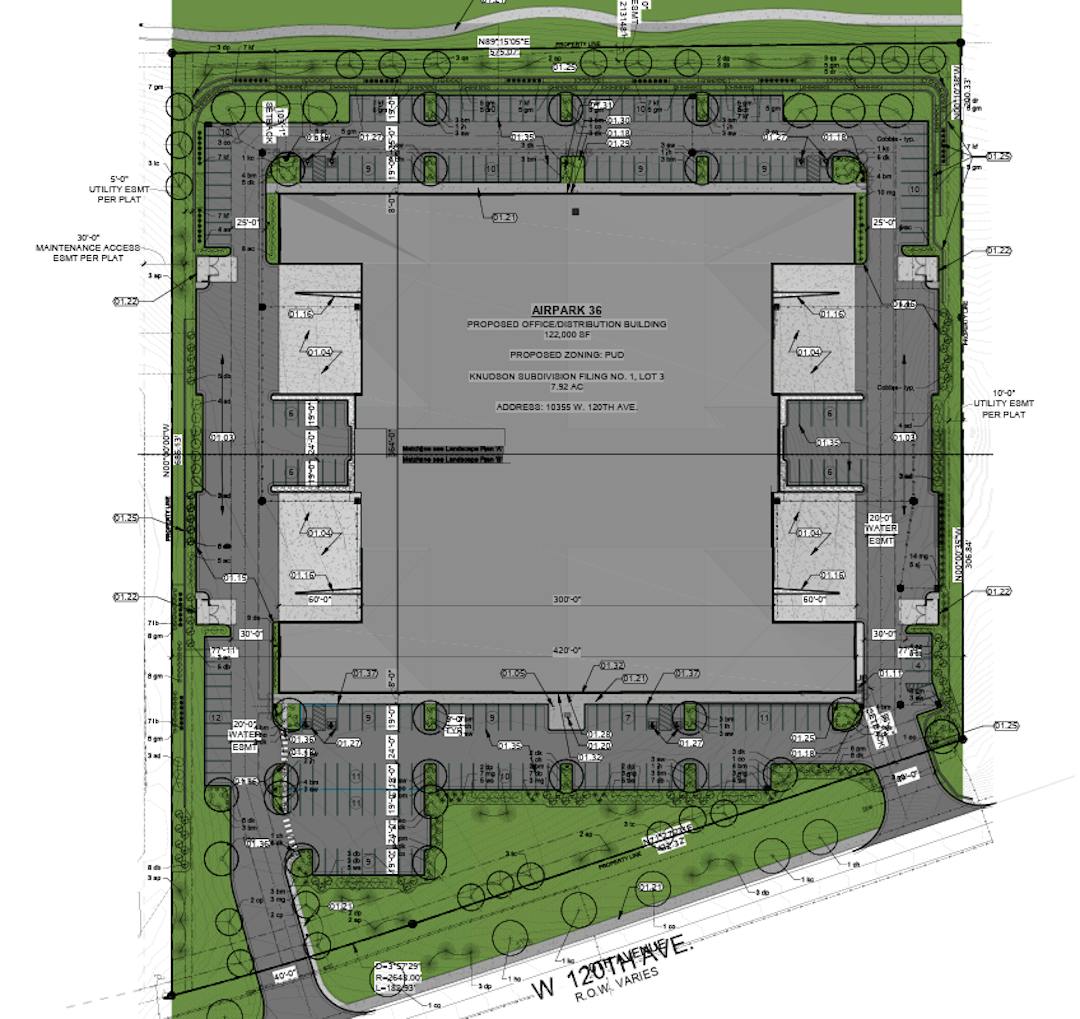 Drawing of a an overhead site plan showing a centrally located square building surrounded by parking and landscaping.