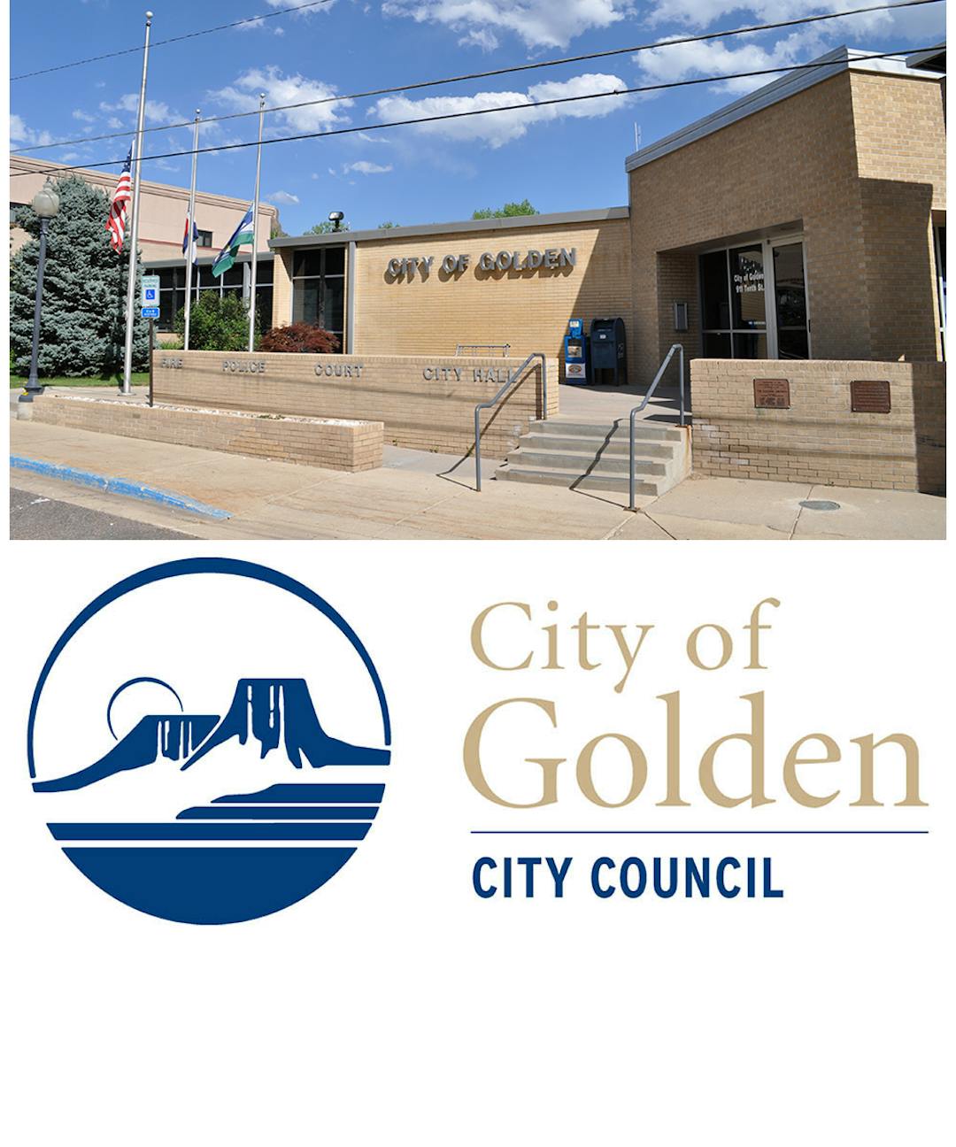 Front view of Golden City Hall over city logo