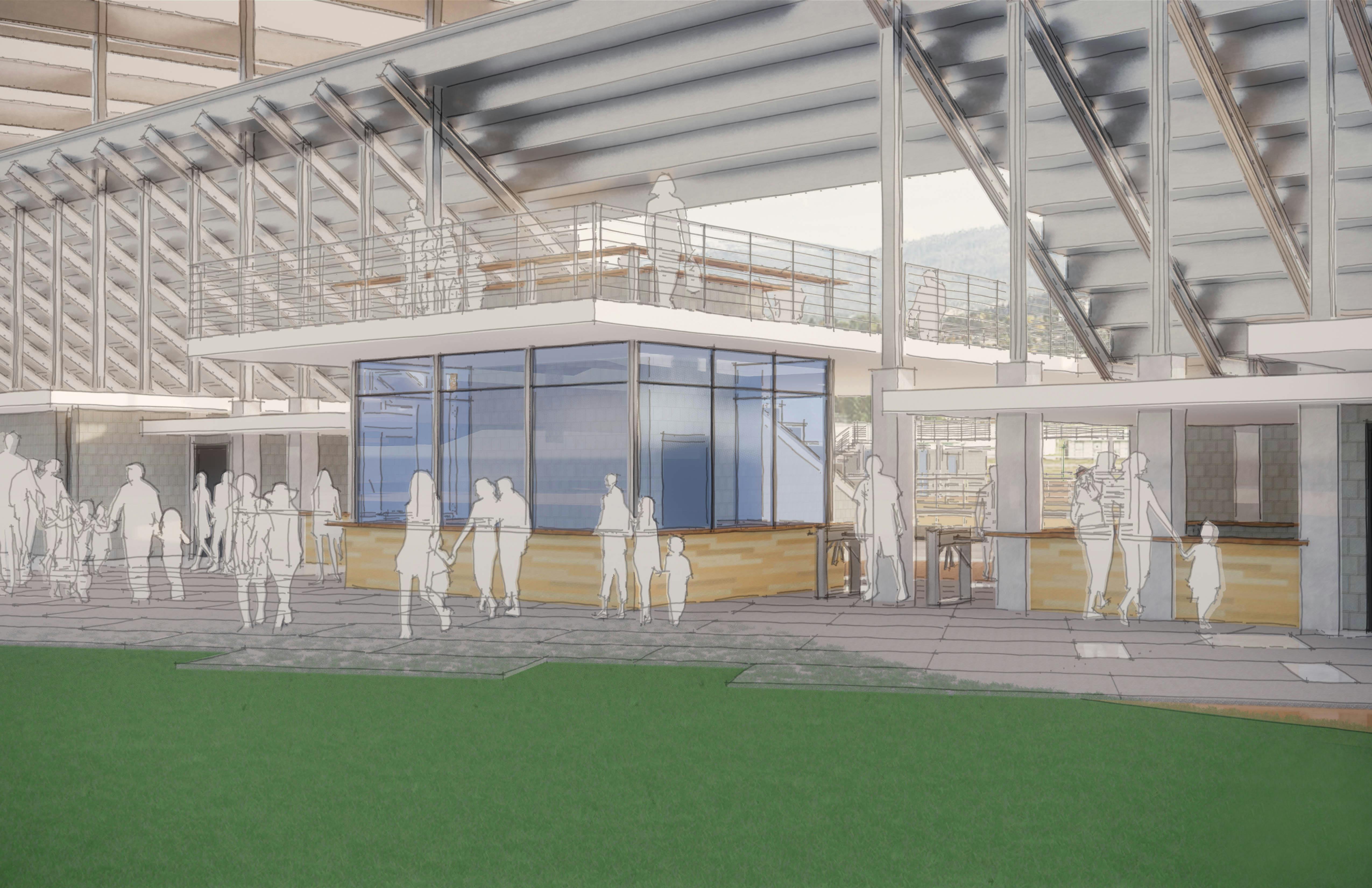 A rendering of the rodeo entry plaza behind the grandstands.