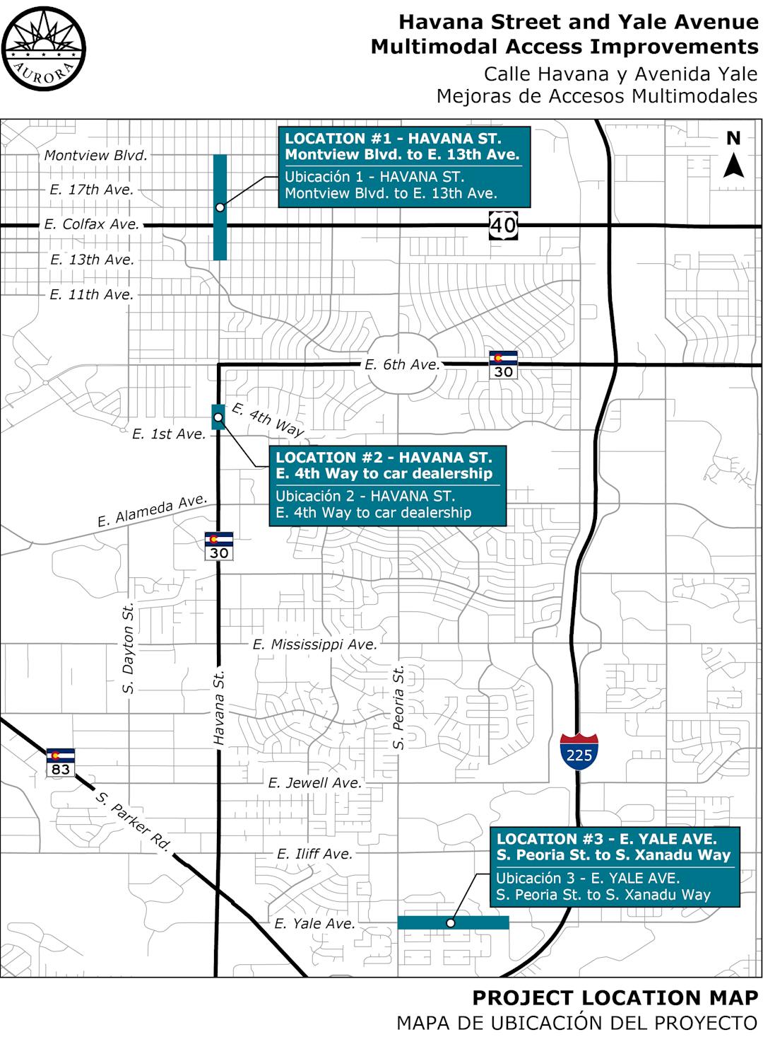This image of an Aurora map shows three locations on Havana and Yale where sidewalks will be added or improved.