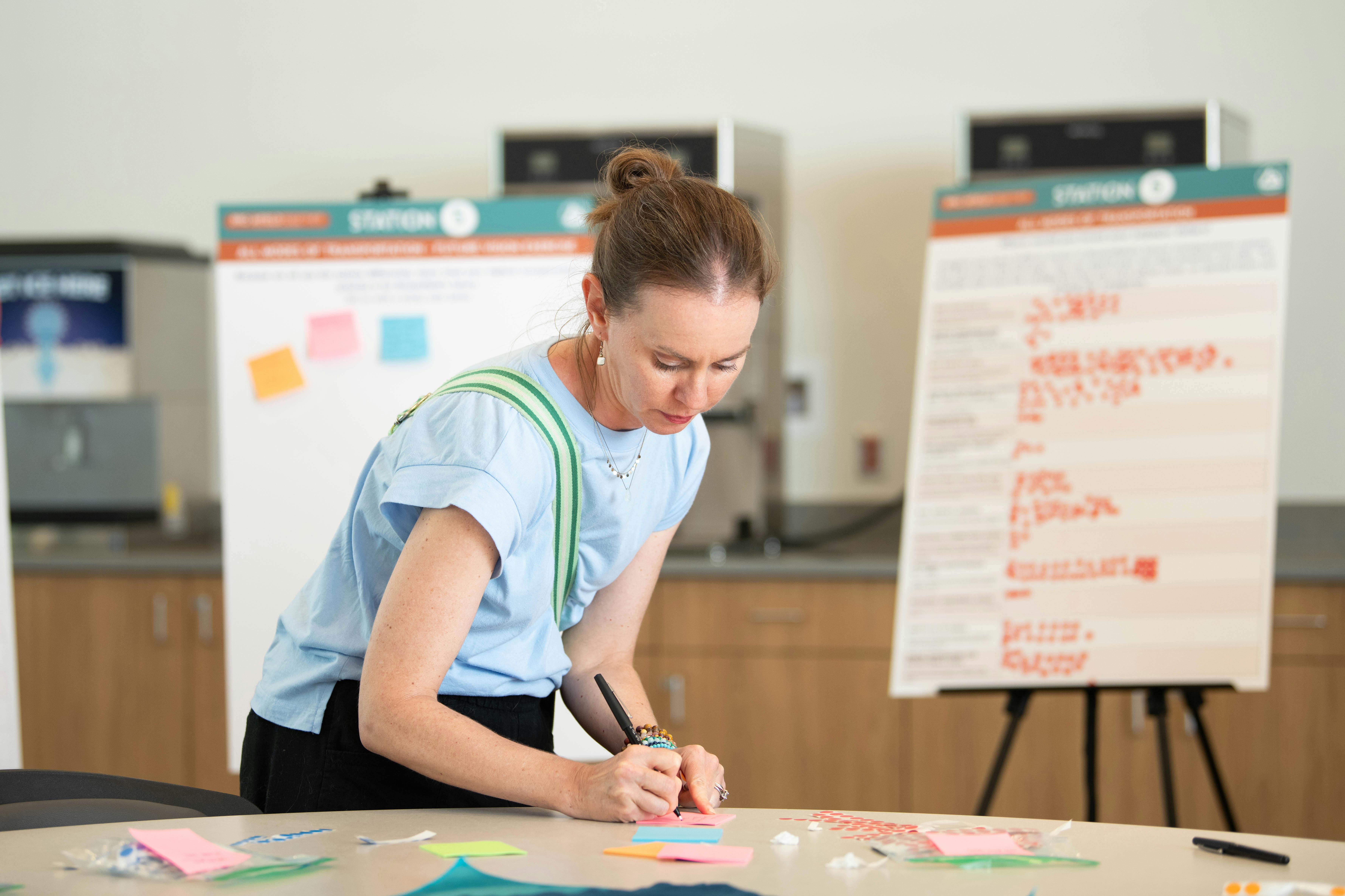 A woman in a blue t-shirt stands over a table writing on a colorful sticky note. In the background are posters on easels with sticky notes and stickers.