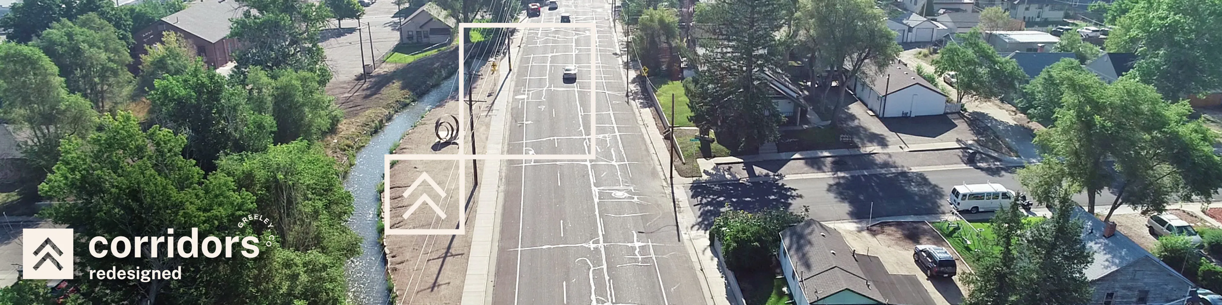 An aerial view of 10th street looking east above 21st Avenue.