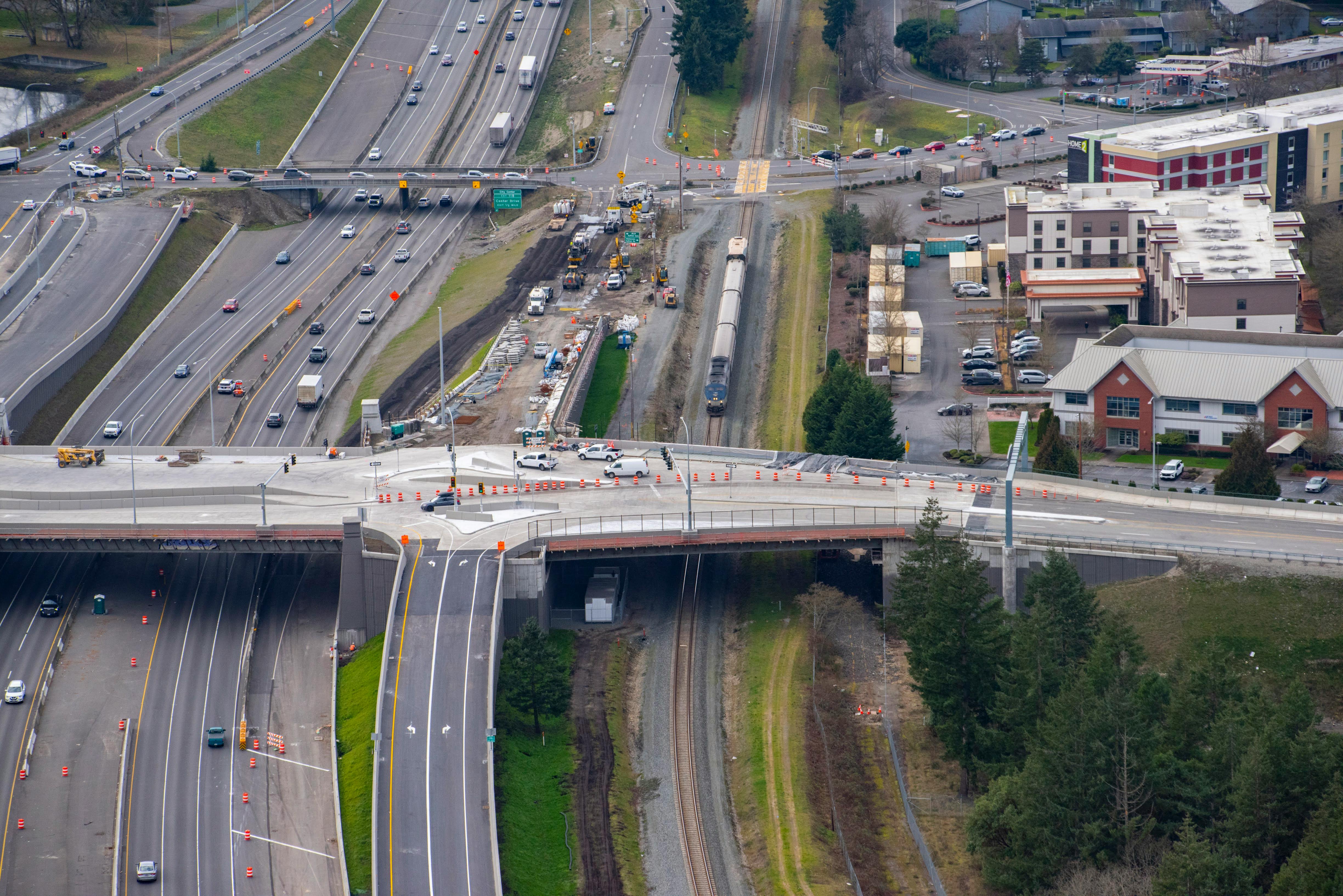 A construction zone where crews work on completing a new I-5 overpass. 