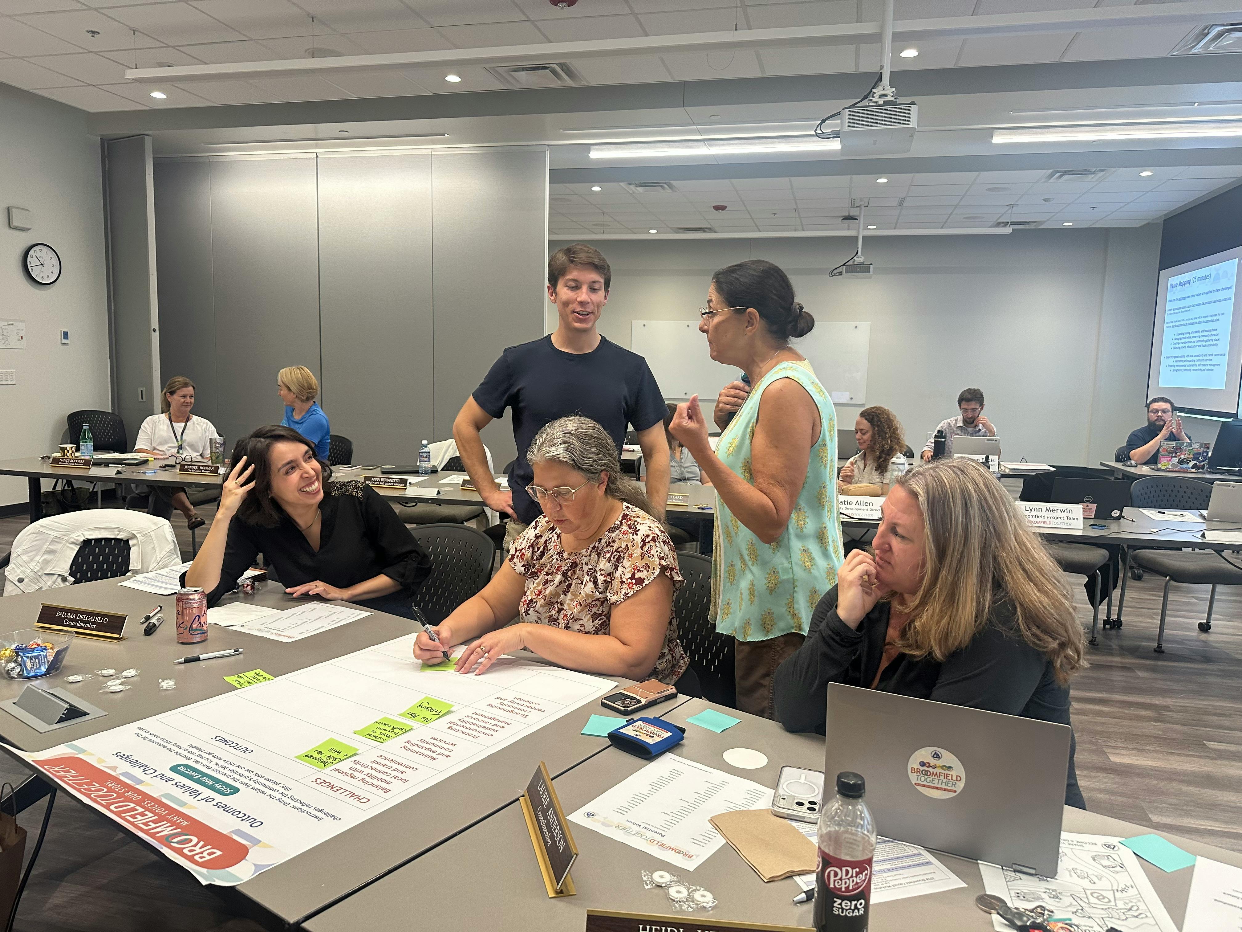 Photograph of a collaborative workshop session in a conference room. A group of people are gathered around a table where a woman is writing on a large poster titled "Outcomes of Values and Challenges" for the "Broomfield Together" project.