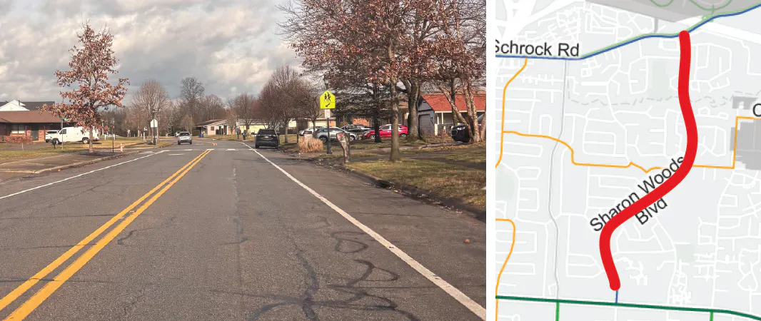A street view photo of Sharon Woods Boulevard on the left and a map of the project area highlighted in red on the right.