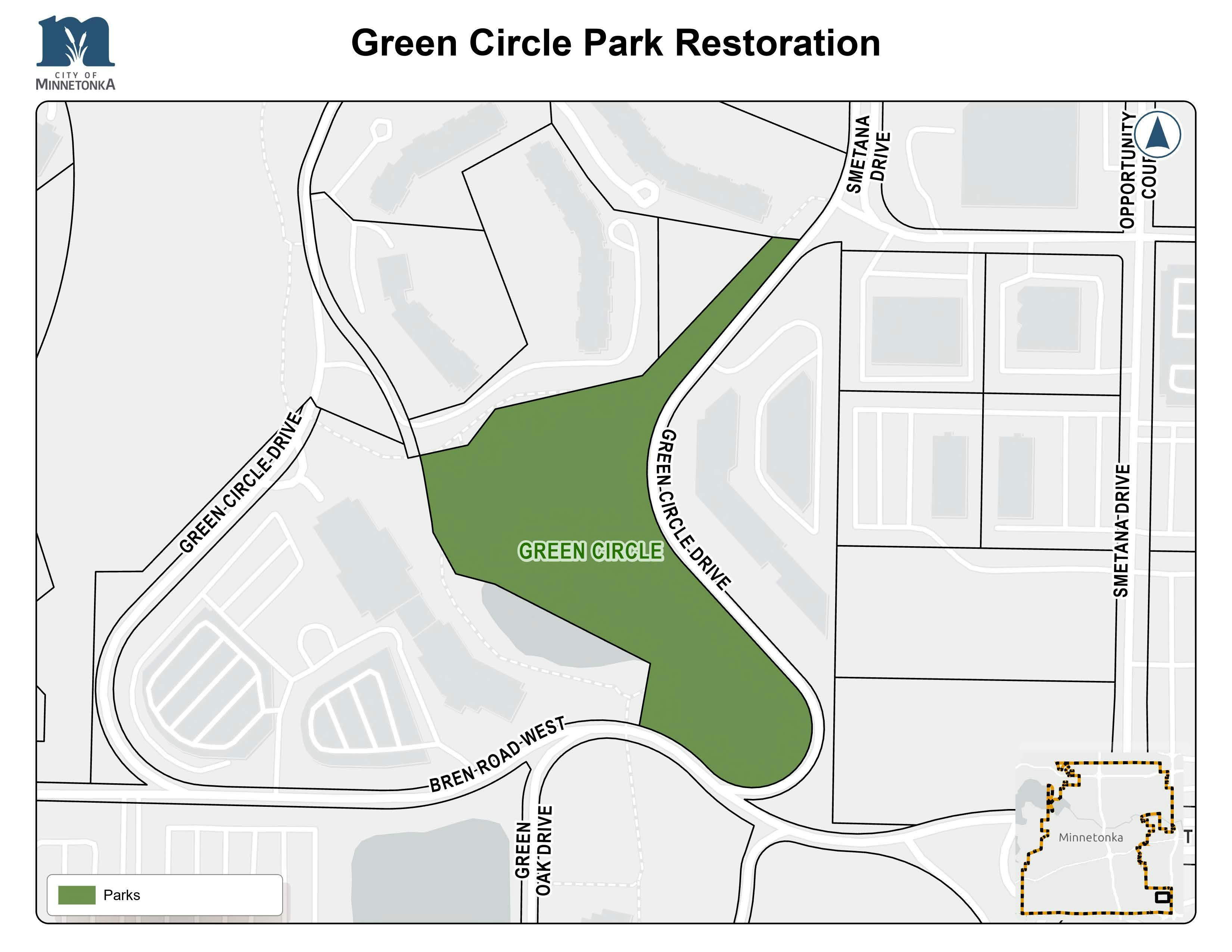 A map showing Green Circle Park highlighted in green, bordered by Green Circle Drive, Bren Road West, and nearby commercial and residential areas. An inset map marks the park’s location within Minnetonka.