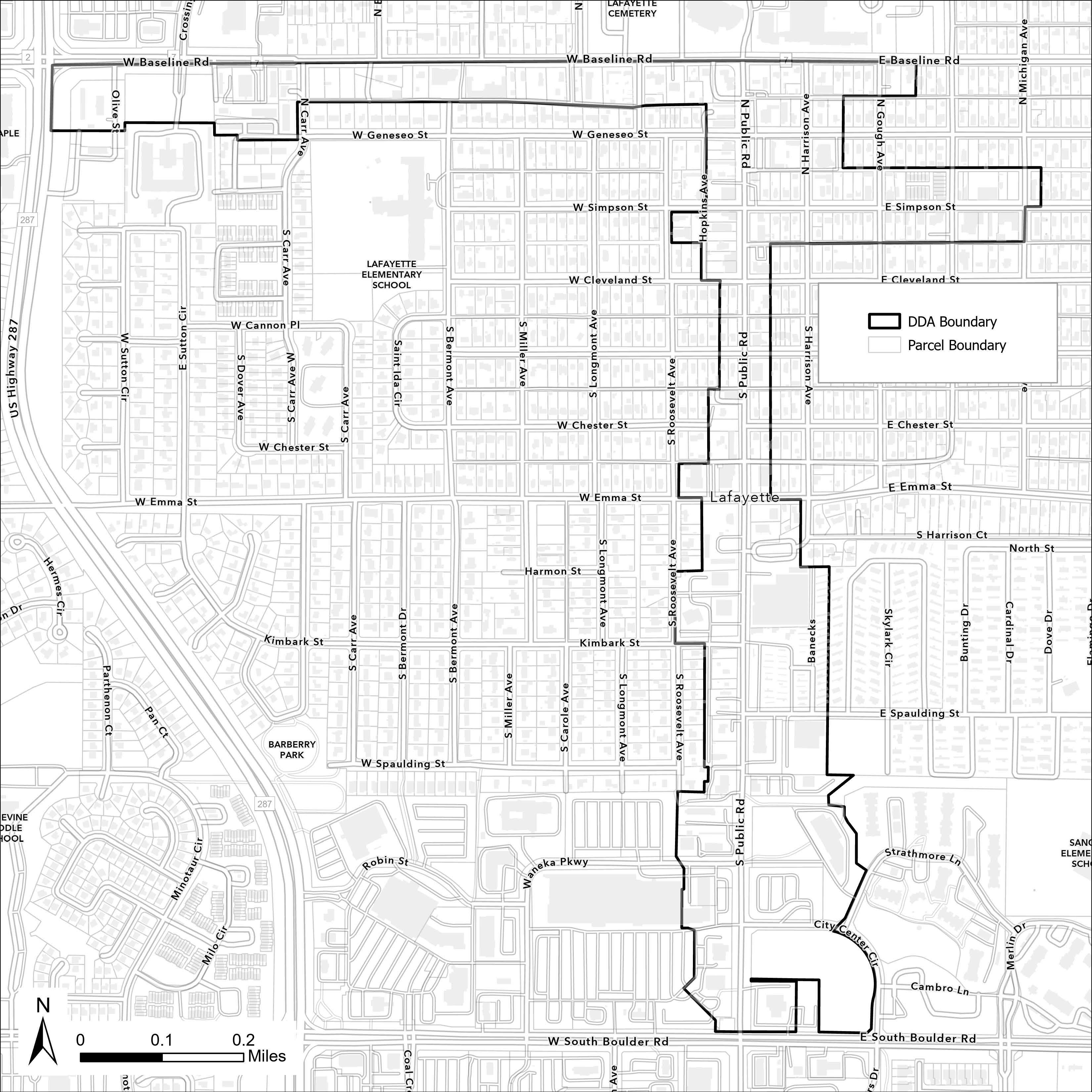 The proposed boundaries of the Lafayette DDA includes primarily commercial and mixed-use zoned properties along Baseline Road (287 to Gough), Public Road (Baseline to S. Boulder Rd.) and E. Simpson Street (Roosevelt to Michigan).