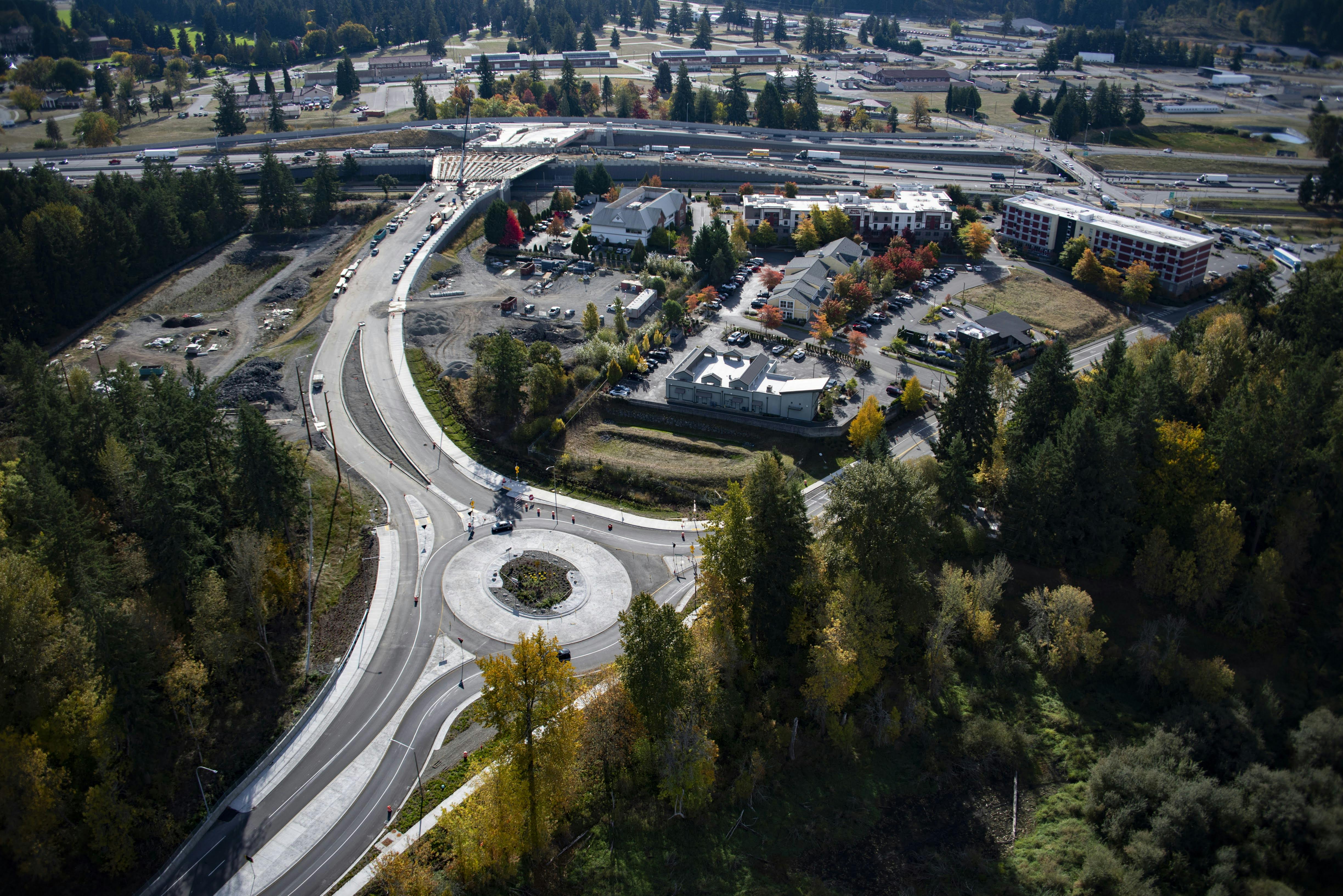 Aerial view of the roundabout and overpass connection.