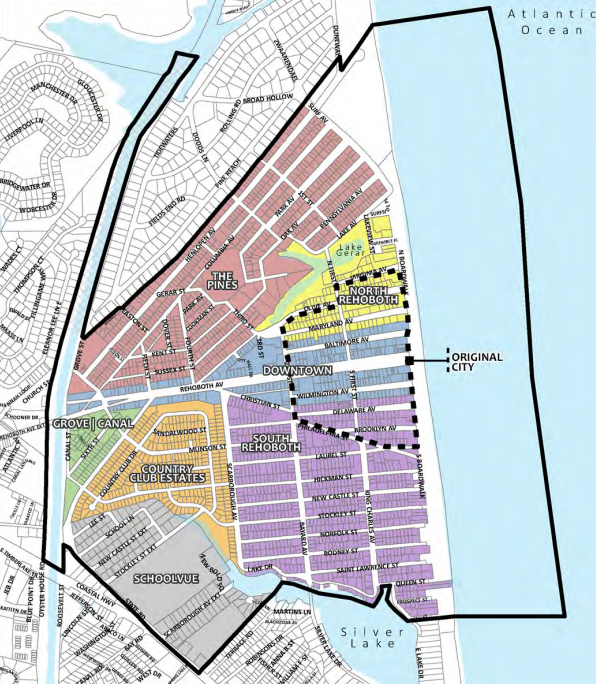 City of Rehoboth Beach Neighborhoods. <a href="https://reachout.cityofrehoboth.com/rehoboth-beach-map" target="_blank">View larger version of the map here.</a>