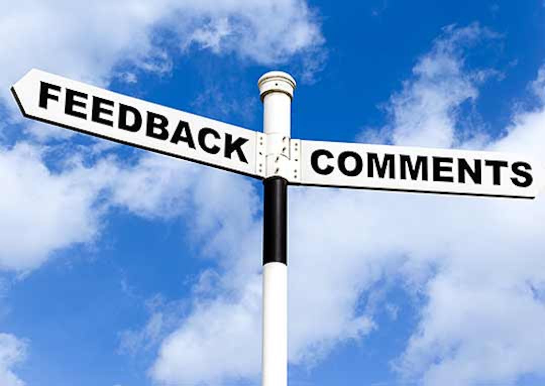 The words "Feedback" and "Comments" pictured as a street sign, with a white background and black text.