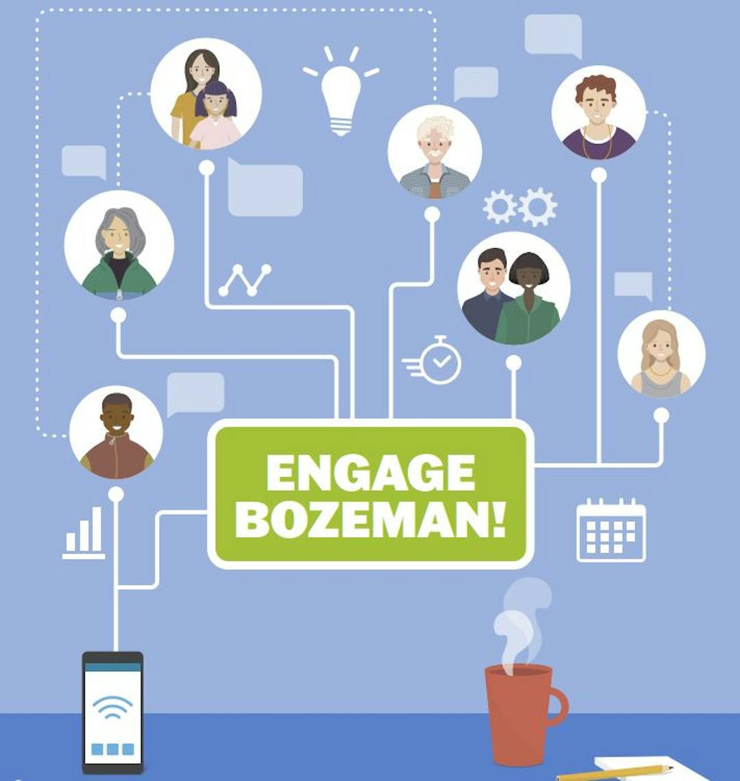 The cover of the Engage Bozeman document, illustrations of people, and symbols of speech bubbles, light bulbs, and a phone.