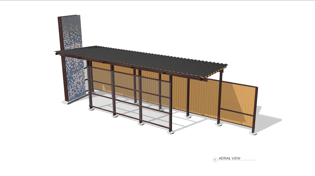 Computer rendering of a bus shelter with a metal roof, wood panels, perforated metal panels, and glass panels.