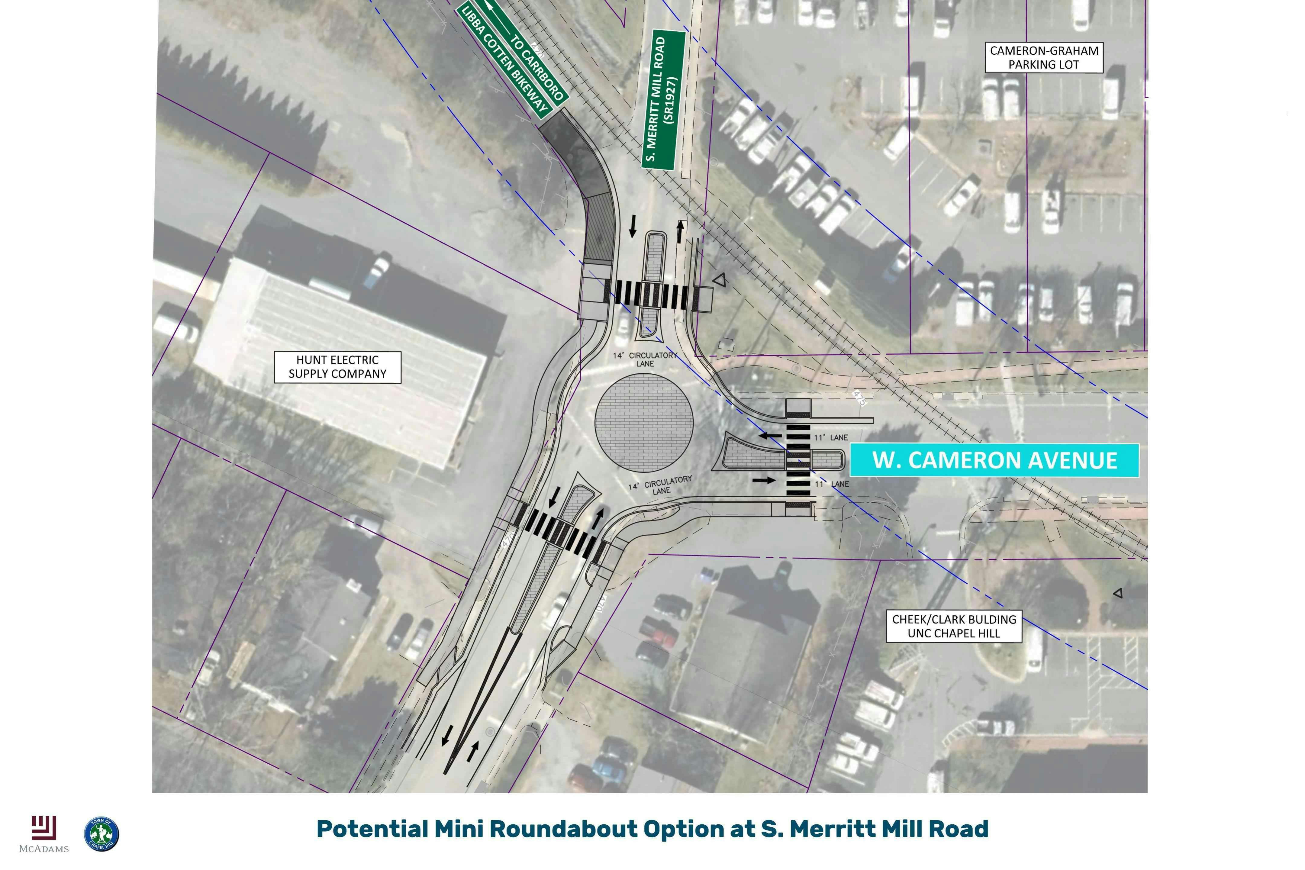 Concept for a mini roundabaout at intersection of Merritt Mill Rd and W Cameron Ave