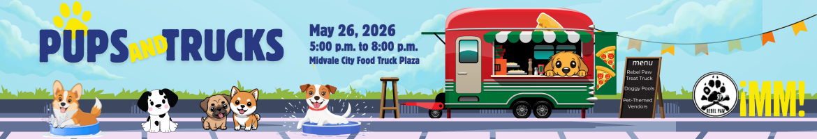 Banner for "Pups and Trucks" event on May 26, 2026, featuring playful dogs in kiddie pools beside a colorful food truck 