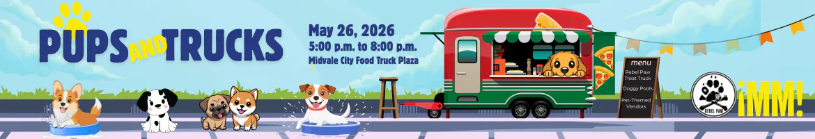 Banner for "Pups and Trucks" event on May 26, 2026, featuring playful dogs in kiddie pools beside a colorful food truck 