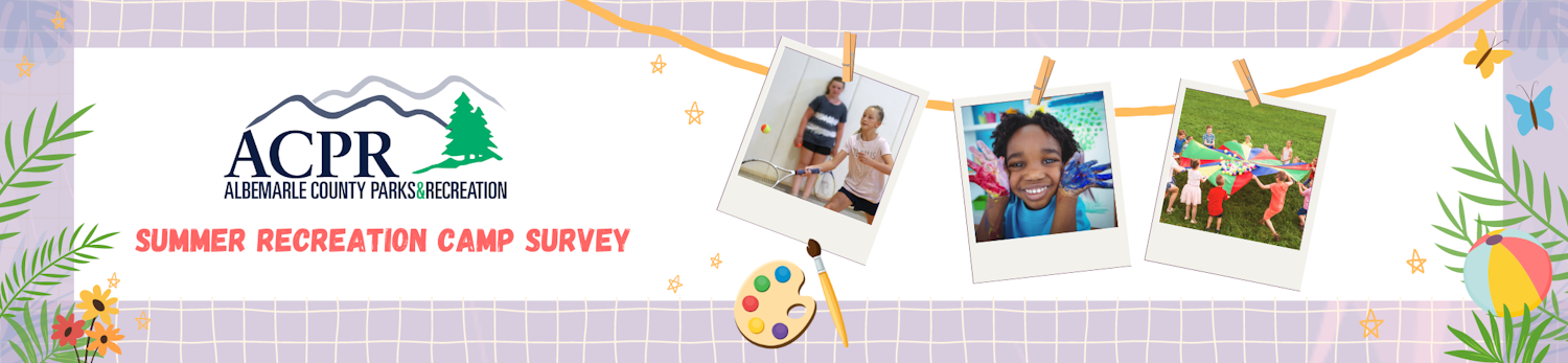 Albemarle County Summer Camp Survey-Children playing tennis-painting-at play outside in green grass-flowers and butterflies