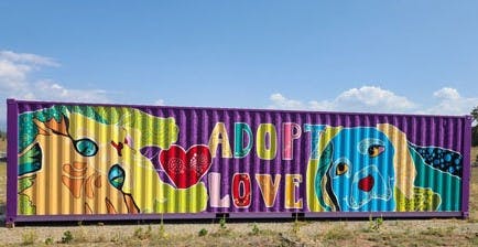 Storage container mural at the Pagosa Springs Humane Society by Kathleen Steventon and Pagosa Arts Initiative volunteers.