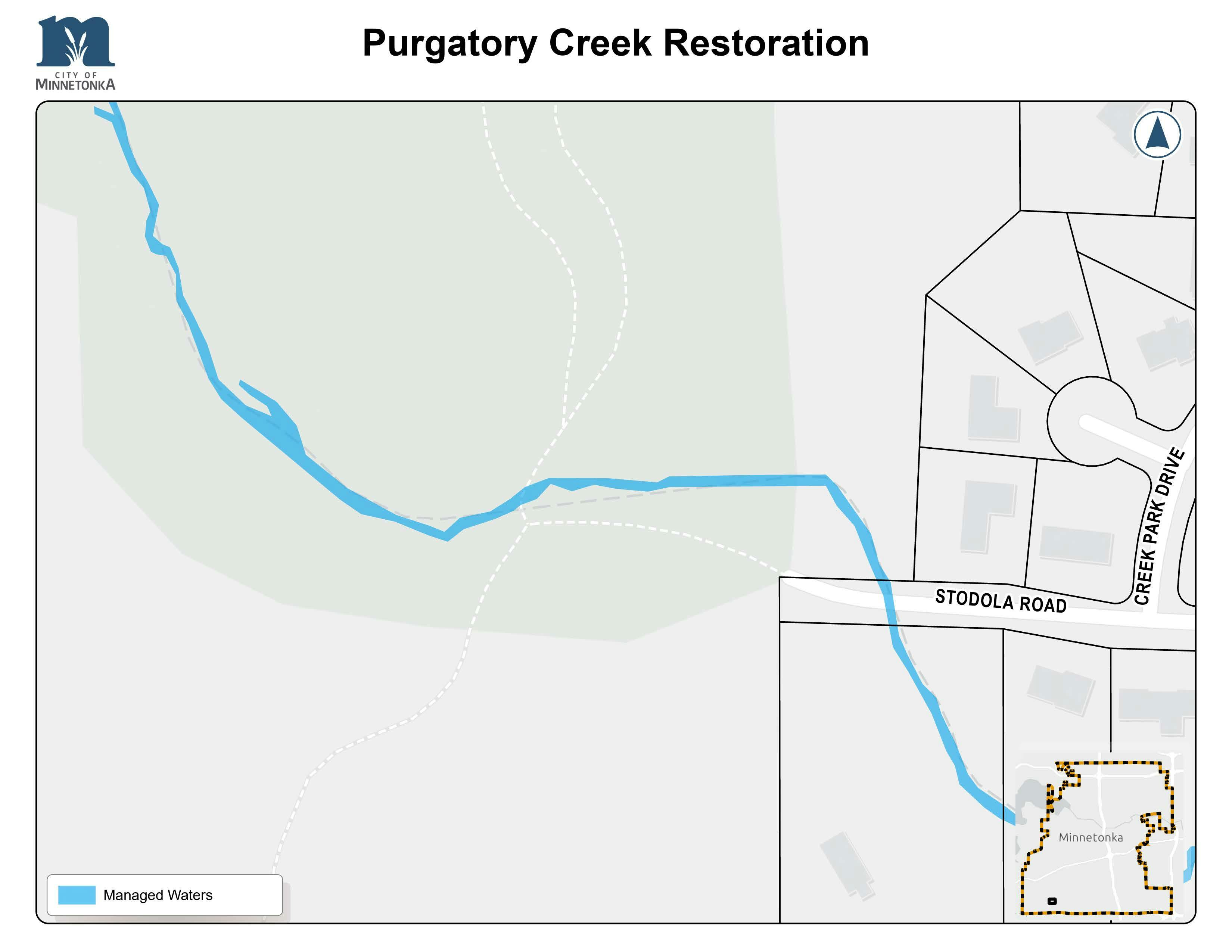 A map showing Purgatory Creek highlighted in blue as it flows through natural areas and crosses near Stodola Road and Creek Park Drive. An inset map shows the creek’s location in the city.
