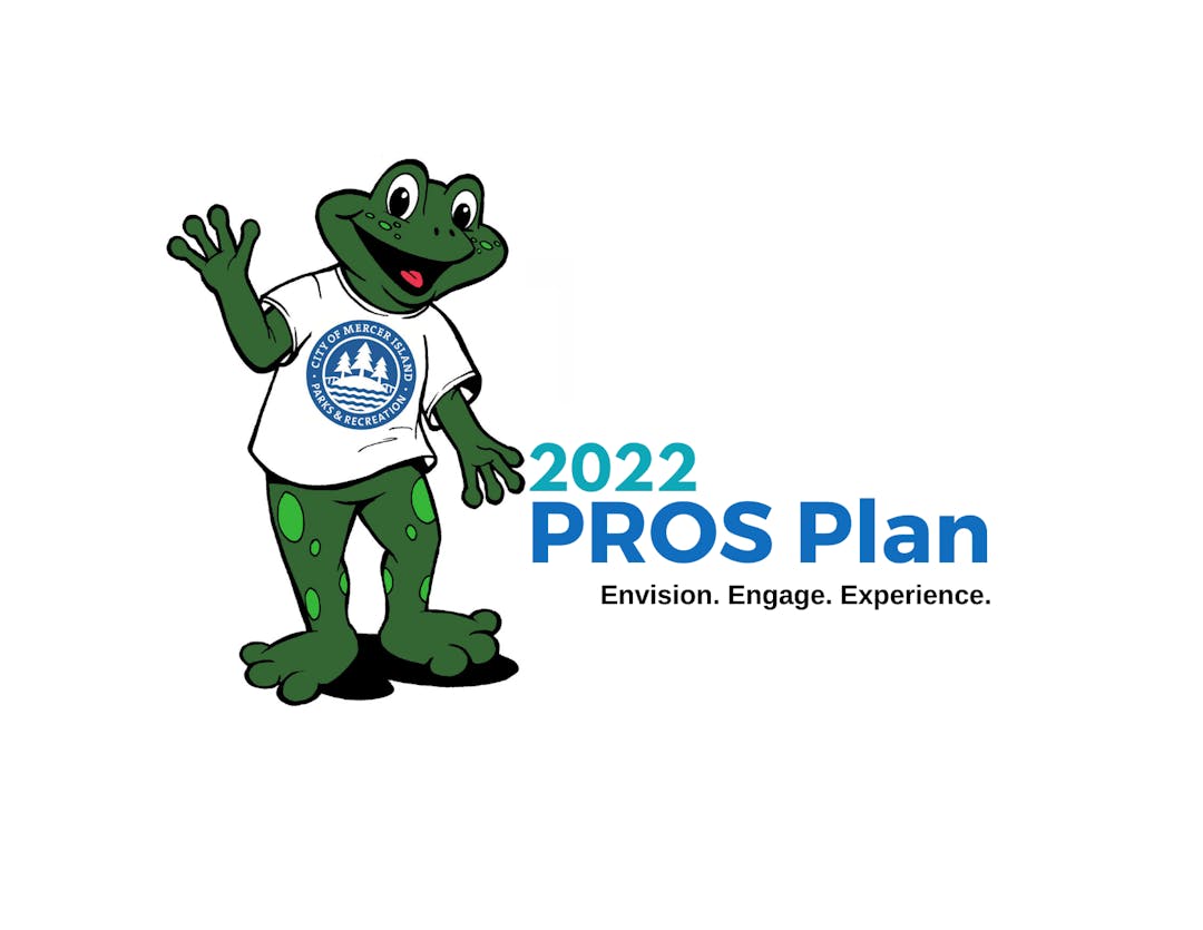 A blue and green logo that says 2021 PROS Plan: Envision, Engage, Experience. Logo includes a smiling frog standing up and waving.