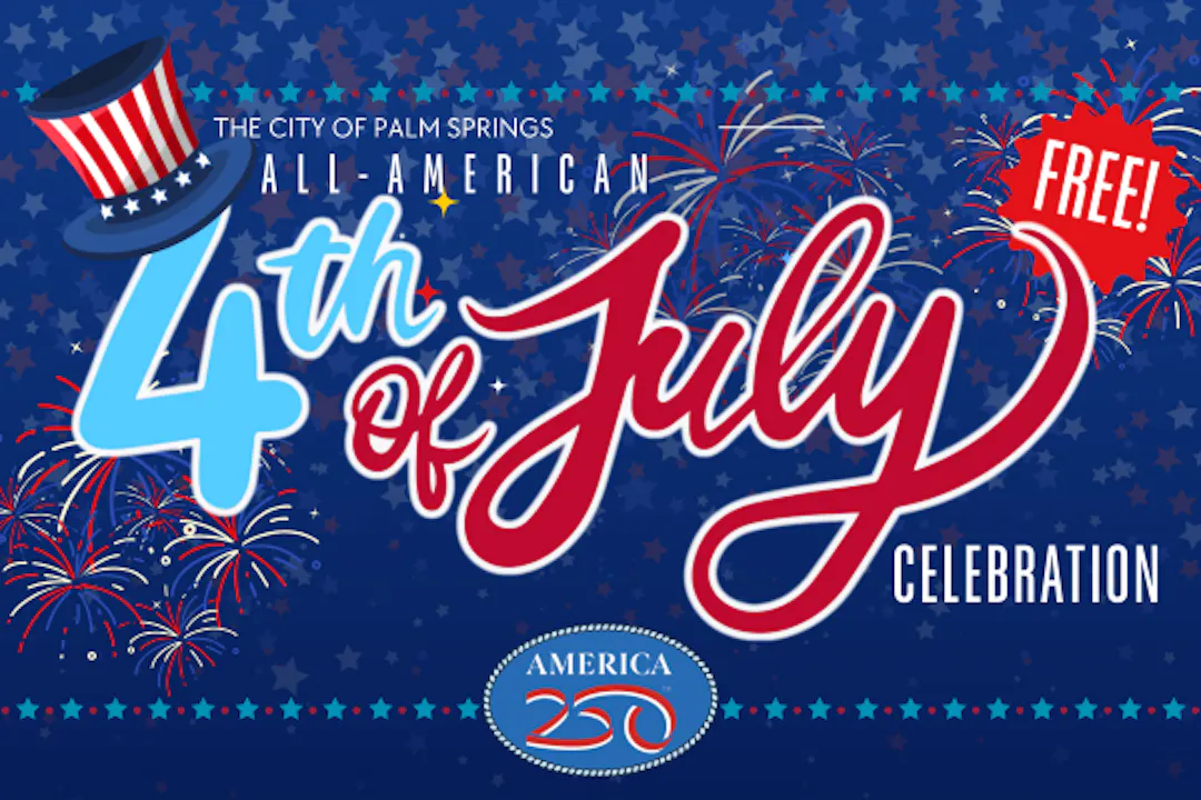 Patriotic 4th of July graphic with images of fireworks and a patriotic hat, with the America 250 logo.