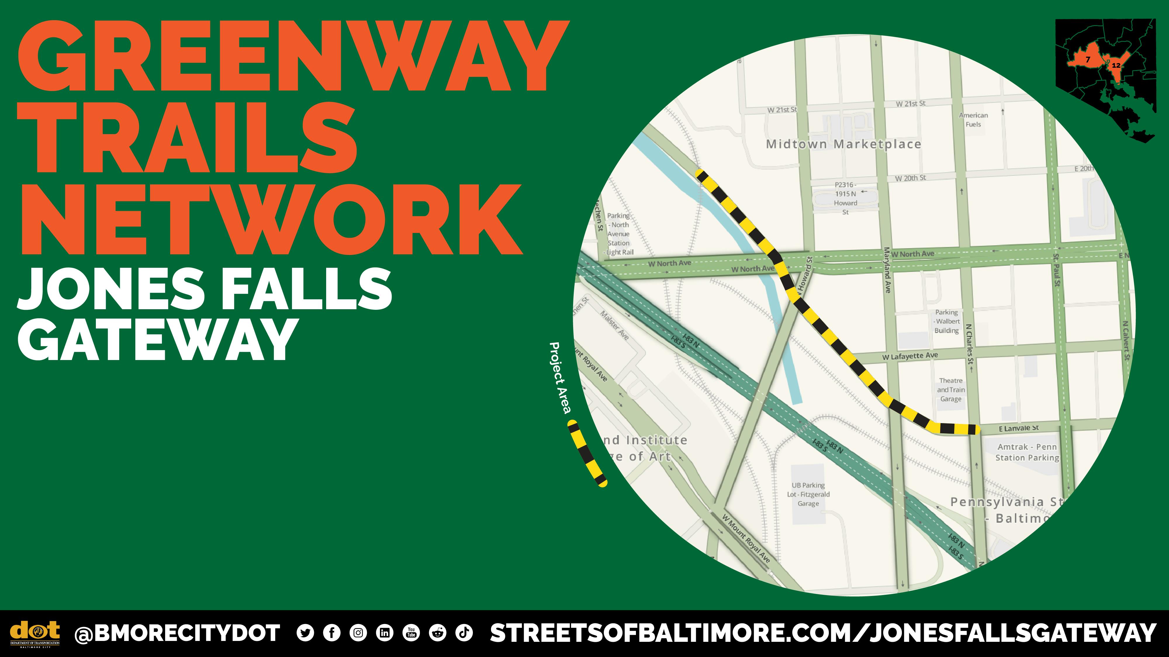Graphic from the Baltimore City Department of Transportation showing the Jones Falls Gateway segment of the Greenway Trails N