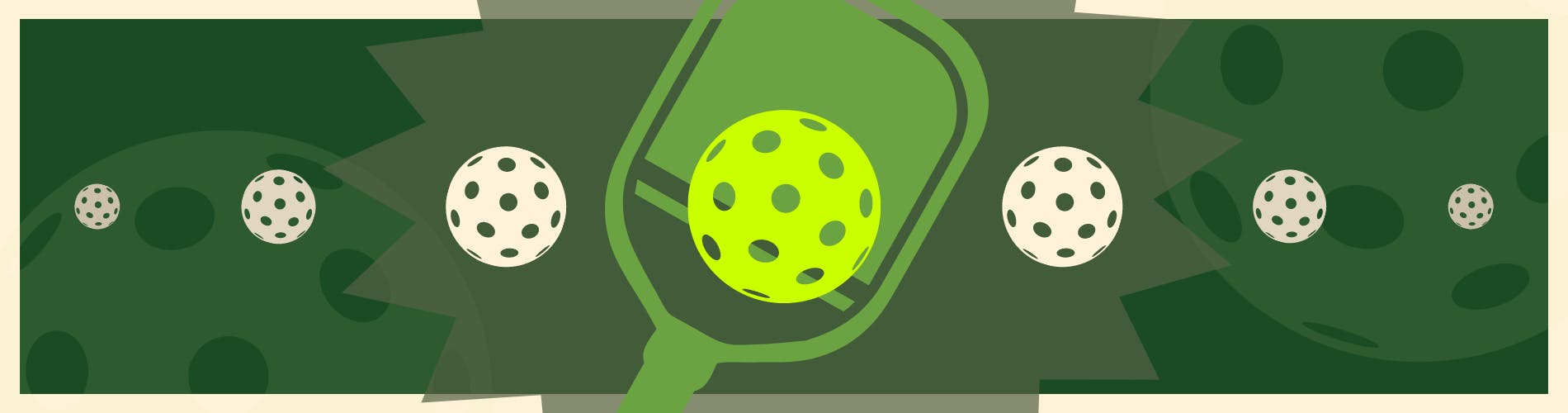 Pickleball paddle and balls in greens and cream.