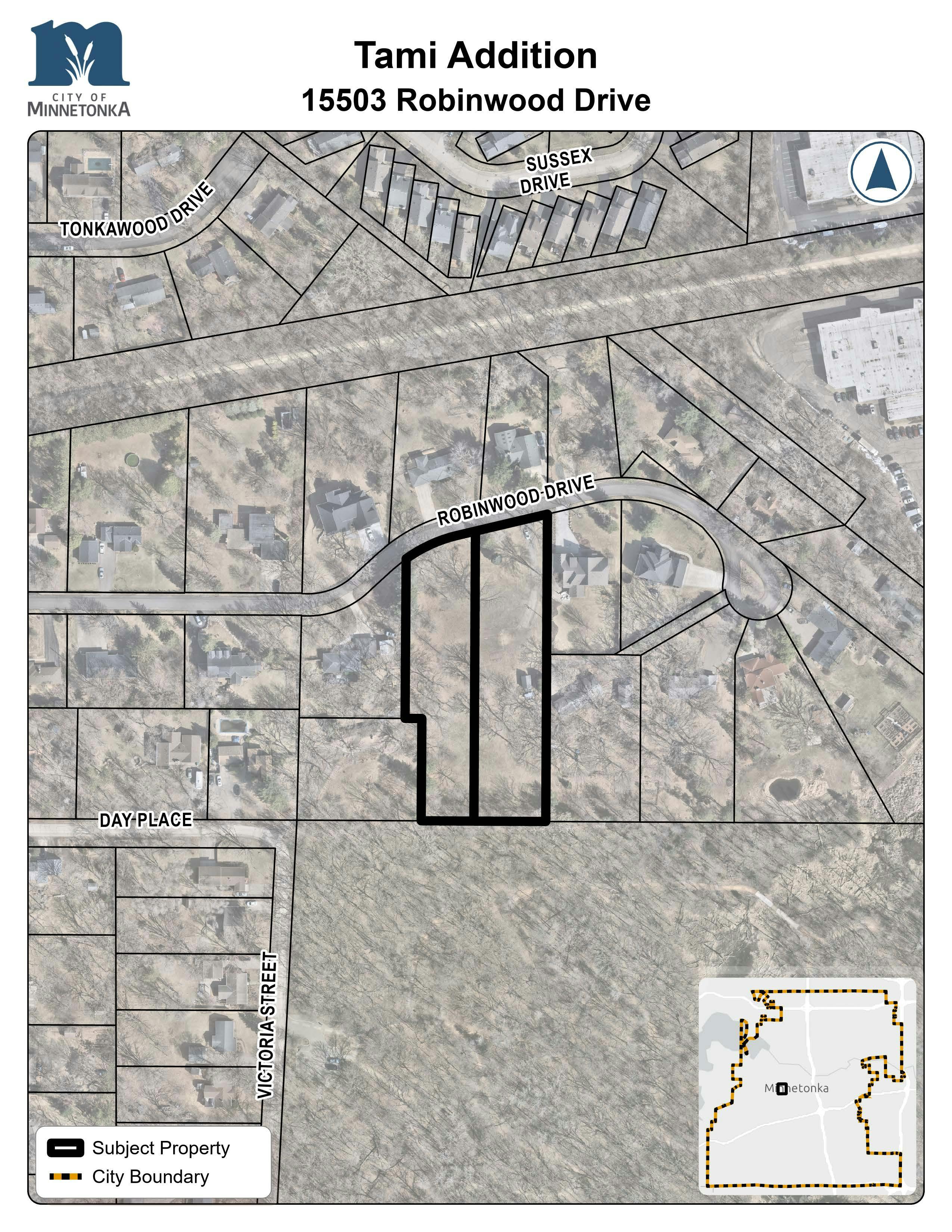 A map showing the subject property outlined in black at 15503 Robinwood Drive in Minnetonka. The property lies near Tonkawood Drive, Sussex Drive, Day Place and Victoria Street. A small inset map shows the location within the city boundary.