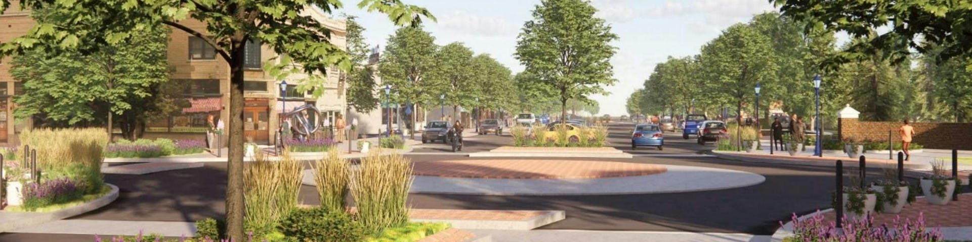 Rendering of roundabout, landscaping, public art and diagonal parking at 16th Street and 10th Avenue