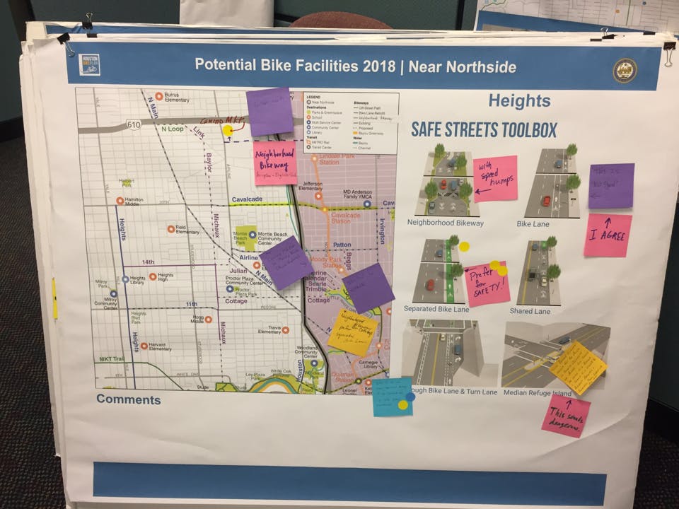 Map of potential bike facilities in the Near Northside, presented at a community meeting in 2018.  Map shows North Main St.