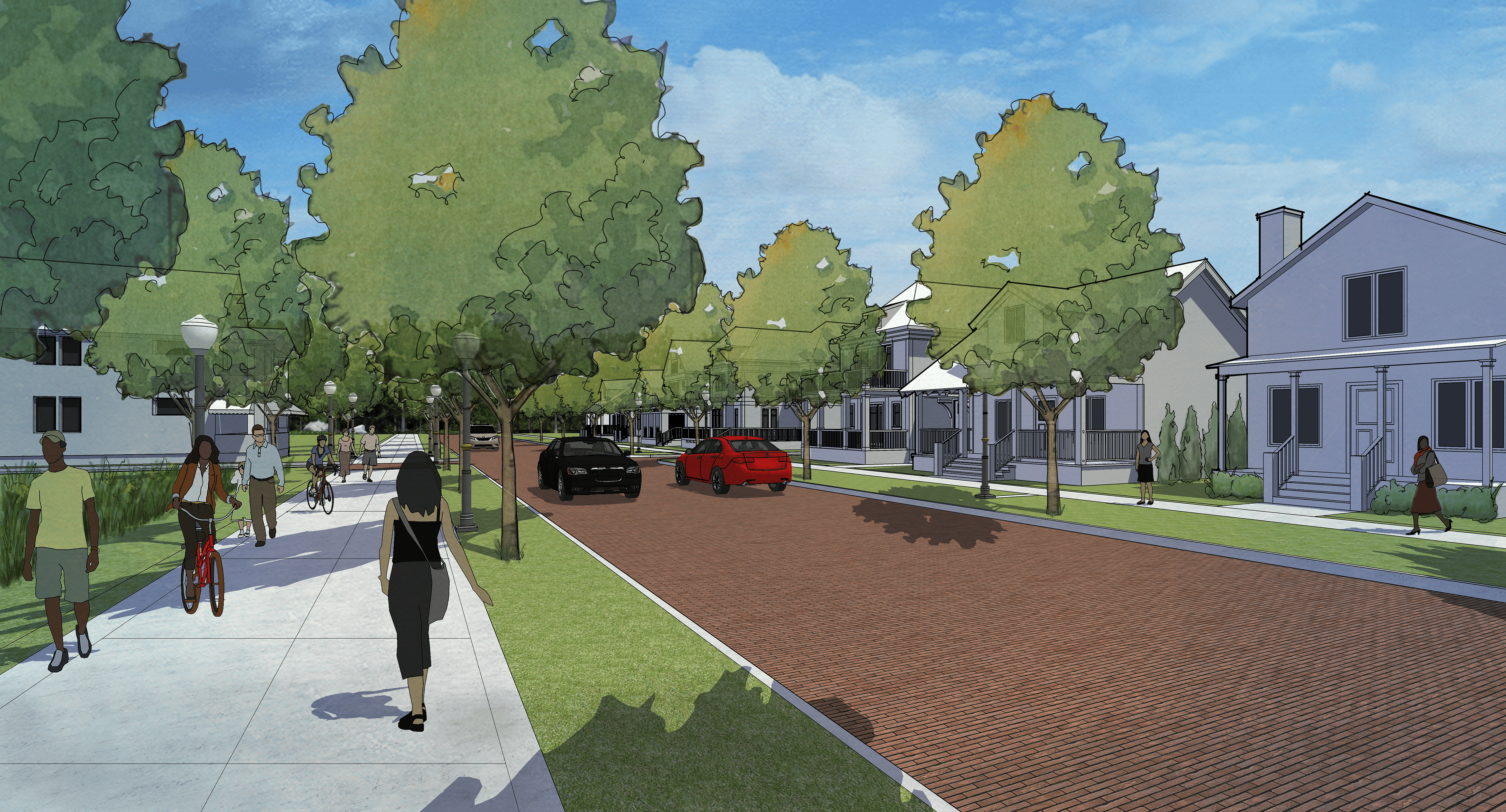 Rendering of the proposed Phase III of the Coal Line Trail. A tree-lined street and a sidewalk with people walking and biking