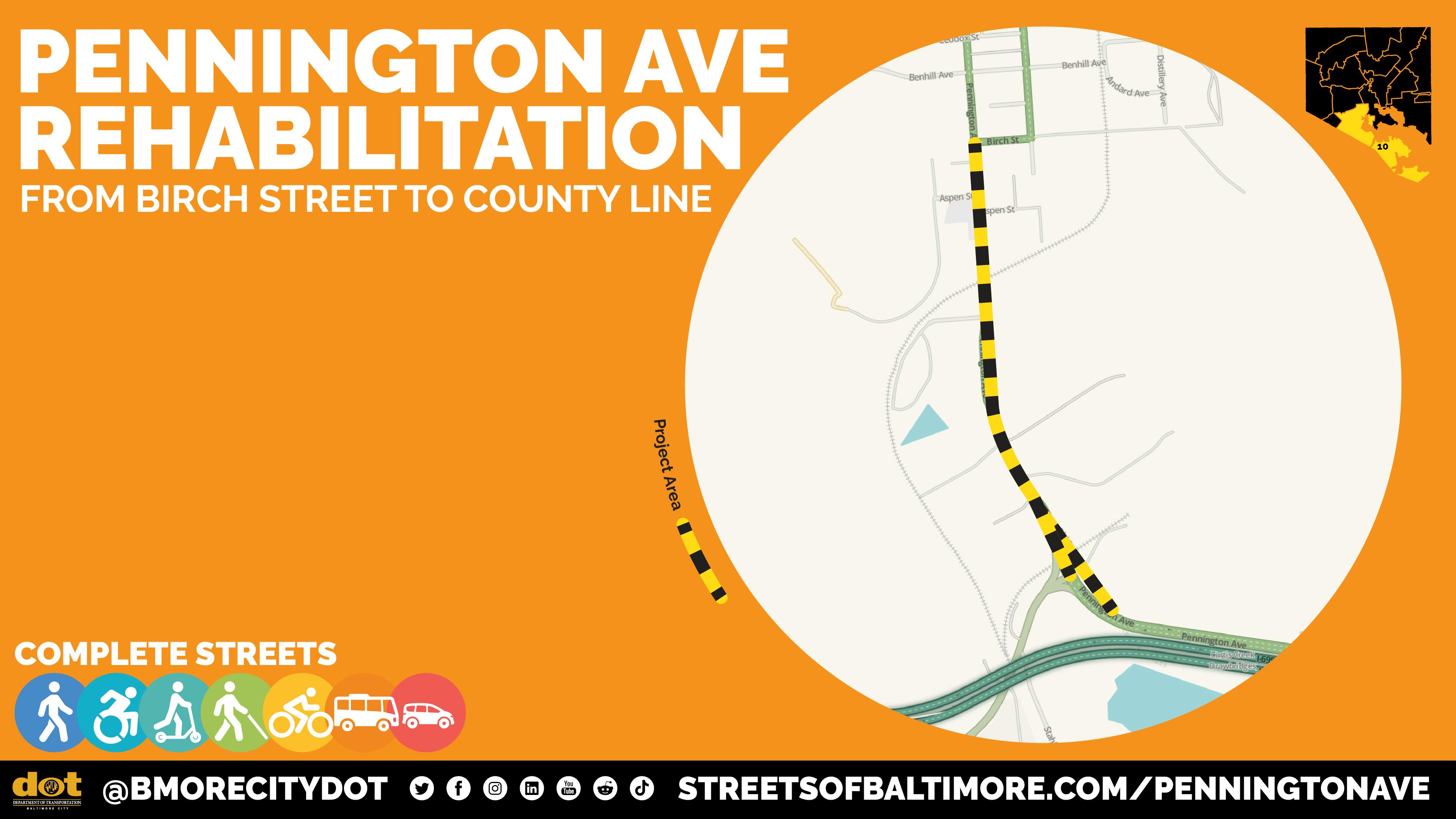 Baltimore City Department of Transportation graphic titled "Pennington Ave Rehabilitation: From Birch Street to County Line."