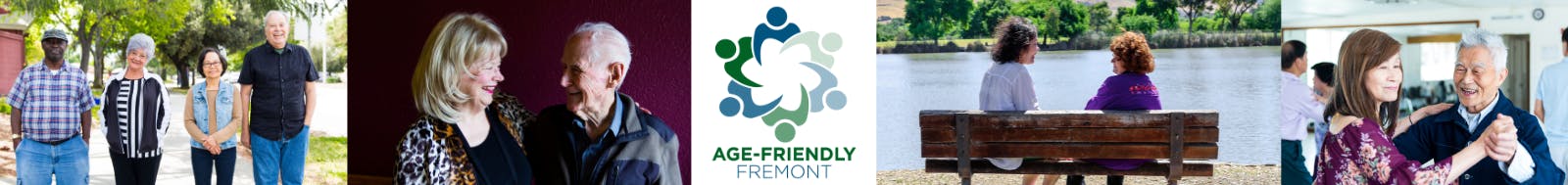 images of older adults enjoying activities in Fremont with the Age Friendly Fremont logo