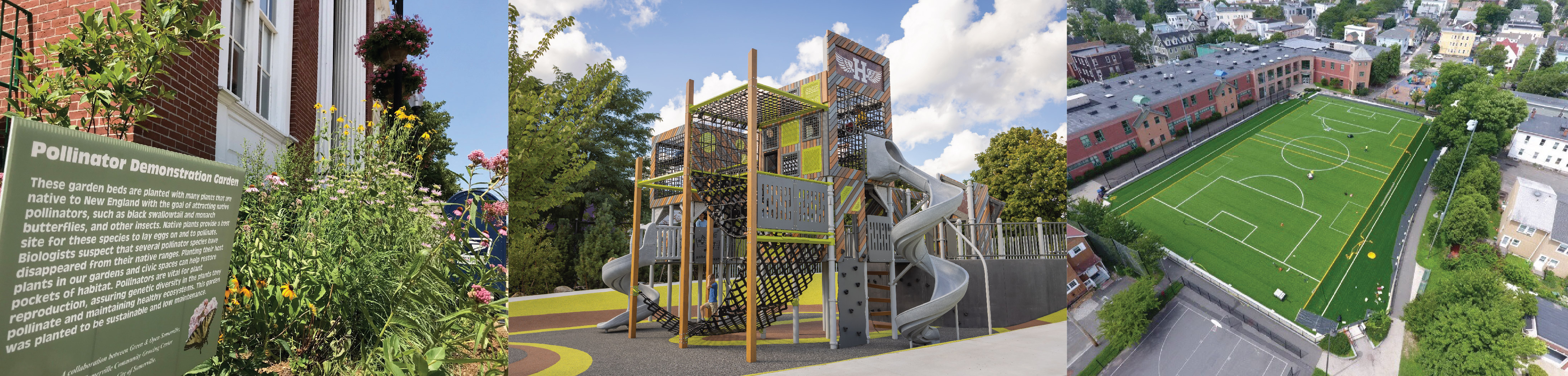 left: pollinator demonstration garden sign, center: playground at Healey School, right: field at Glen Park