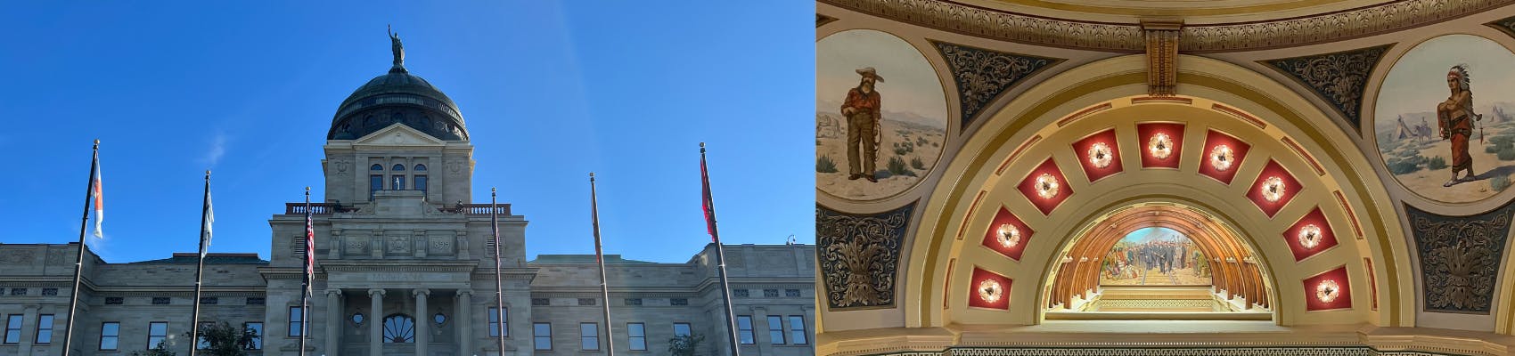 Outdoor view of Montana Capitol on left with indoor view of Montana Capitol dome on right