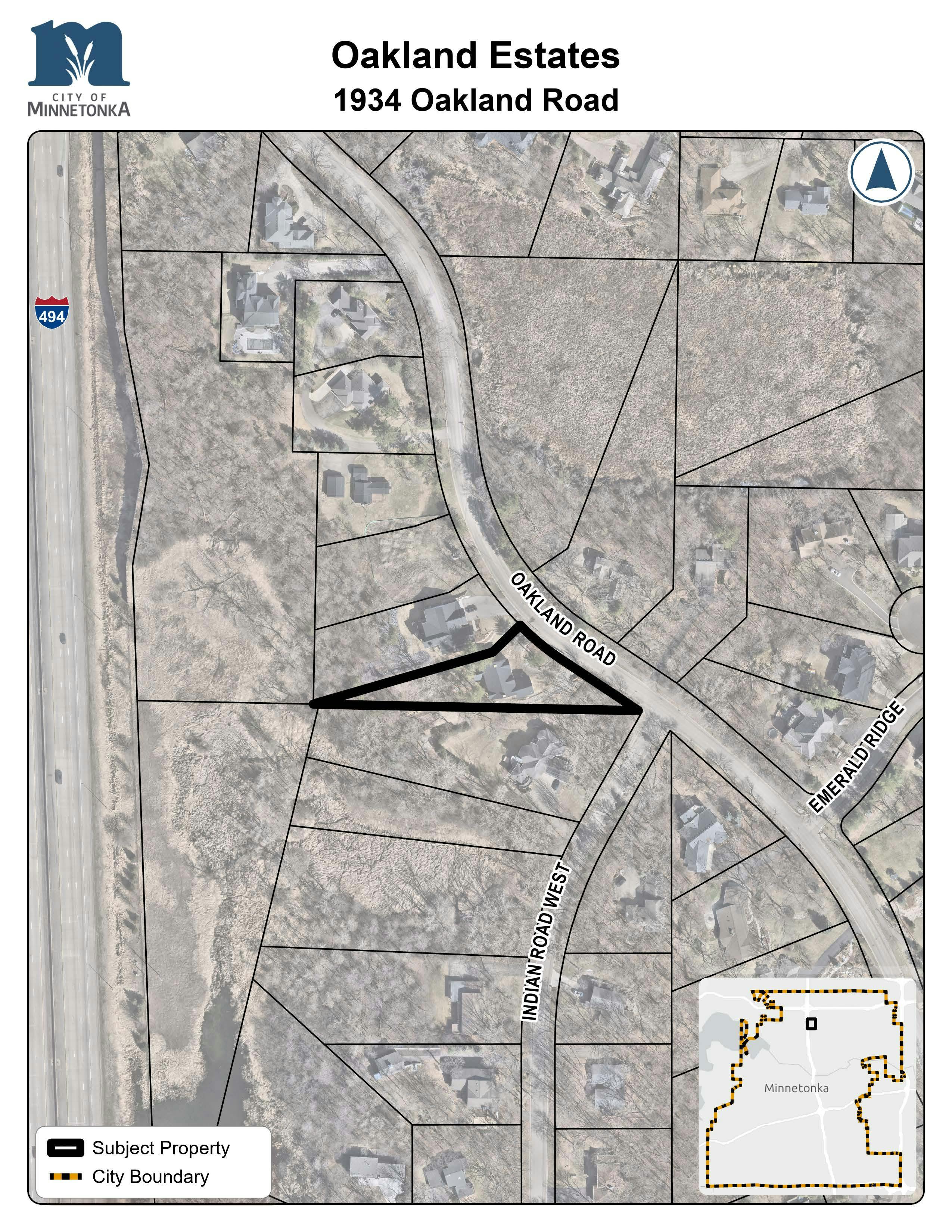 A map showing a triangular subject property outlined in black at the intersection of Oakland Road and Indian Road West, near Emerald Ridge and close to I‑494.