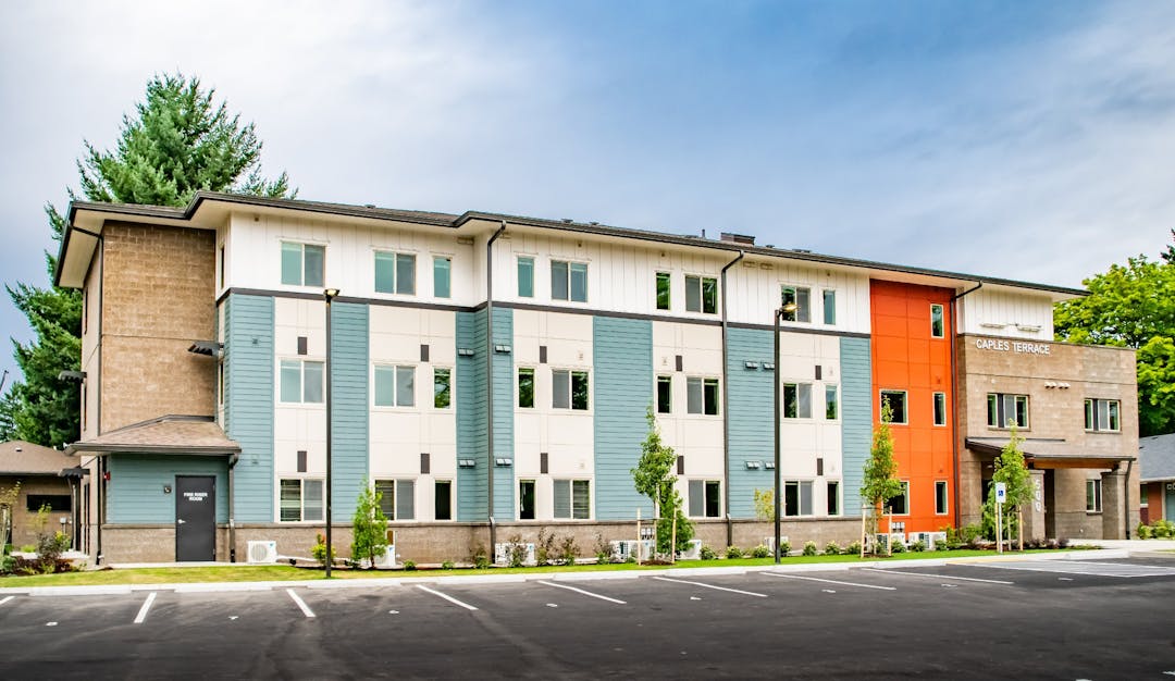 The image shows Caples Terrace, which provides housing for young people transitioning out of foster care.
