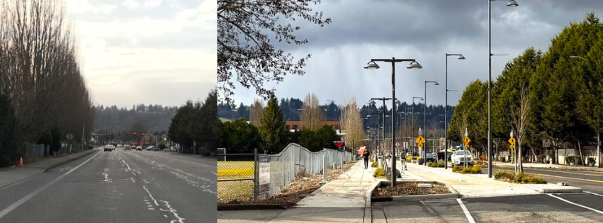 Before and After image of W 240th Street reconstruction, with a new sidewalk and parking space shown.