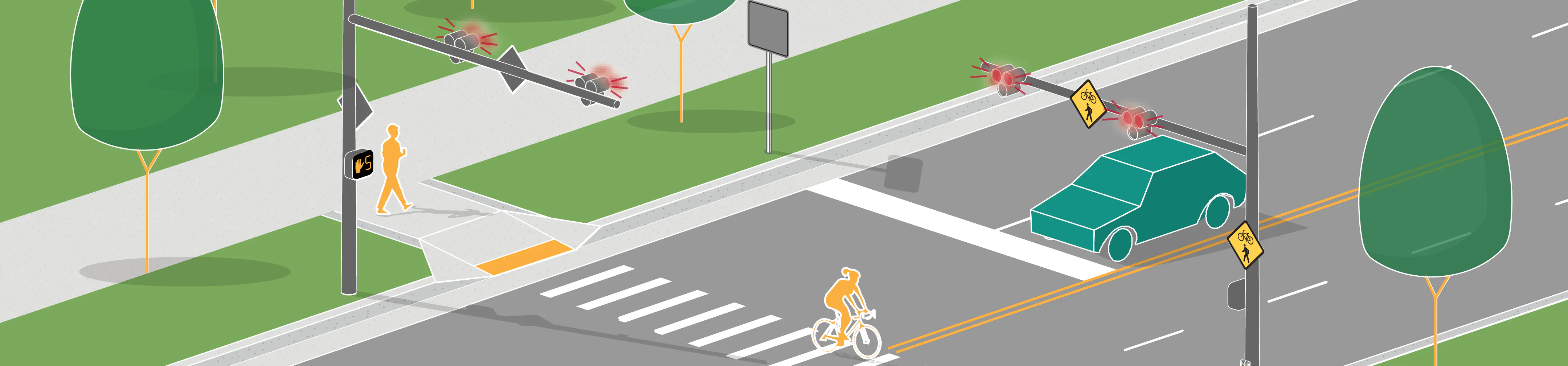 Illustration of a street scene showing a cyclist, a car, and a pedestrian signal at a Pedestrian Hybrid Beacon