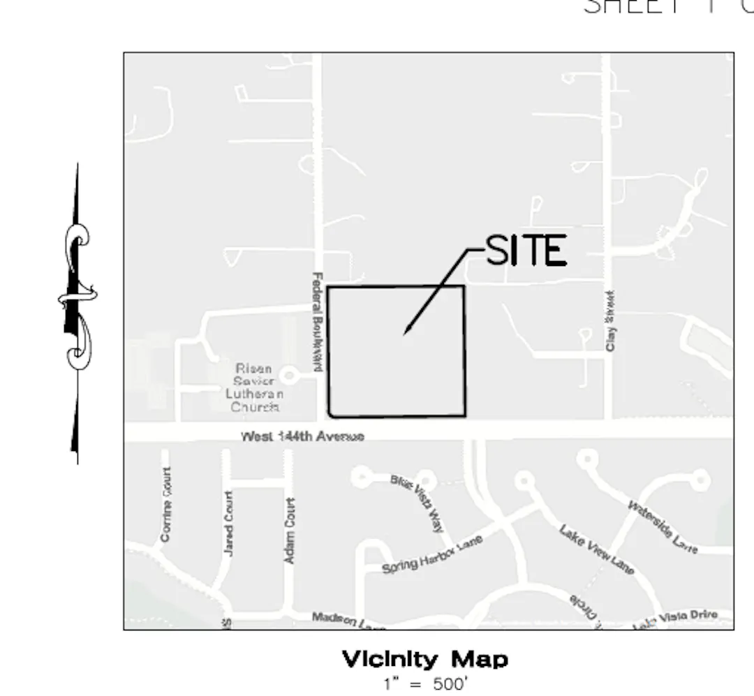 Site plan showing one commercial building to left (north) and a mixed use parcel to right (south)